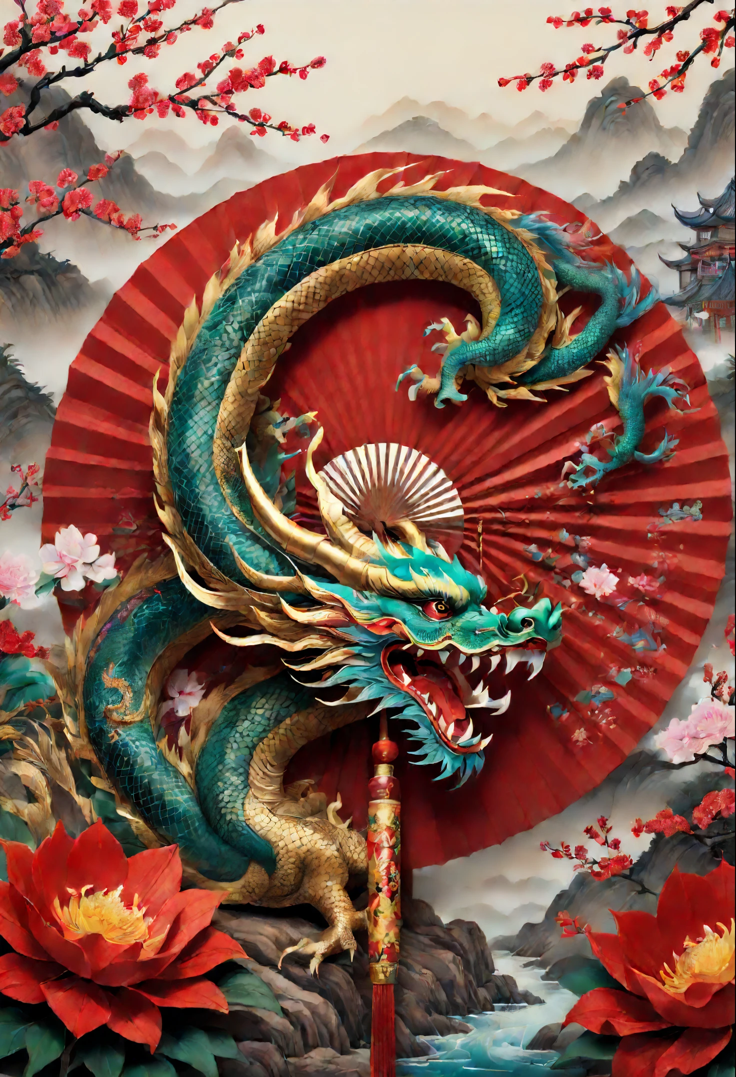 intricate hand-painted fan,Traditional Chinese Painting:1.2,Beautiful dragon,new year 2024,auspicious red decoration,I wish you good luck in the new year,Ancestor memorial service and family reunion,with the spirits of our ancestors,deep cultural heritage,Top quality of colorful flowers,4K,hight resolution,masutepiece:1.2),Ultra-detailed,(Realistic,photoRealistic,photo-Realistic:1.37)