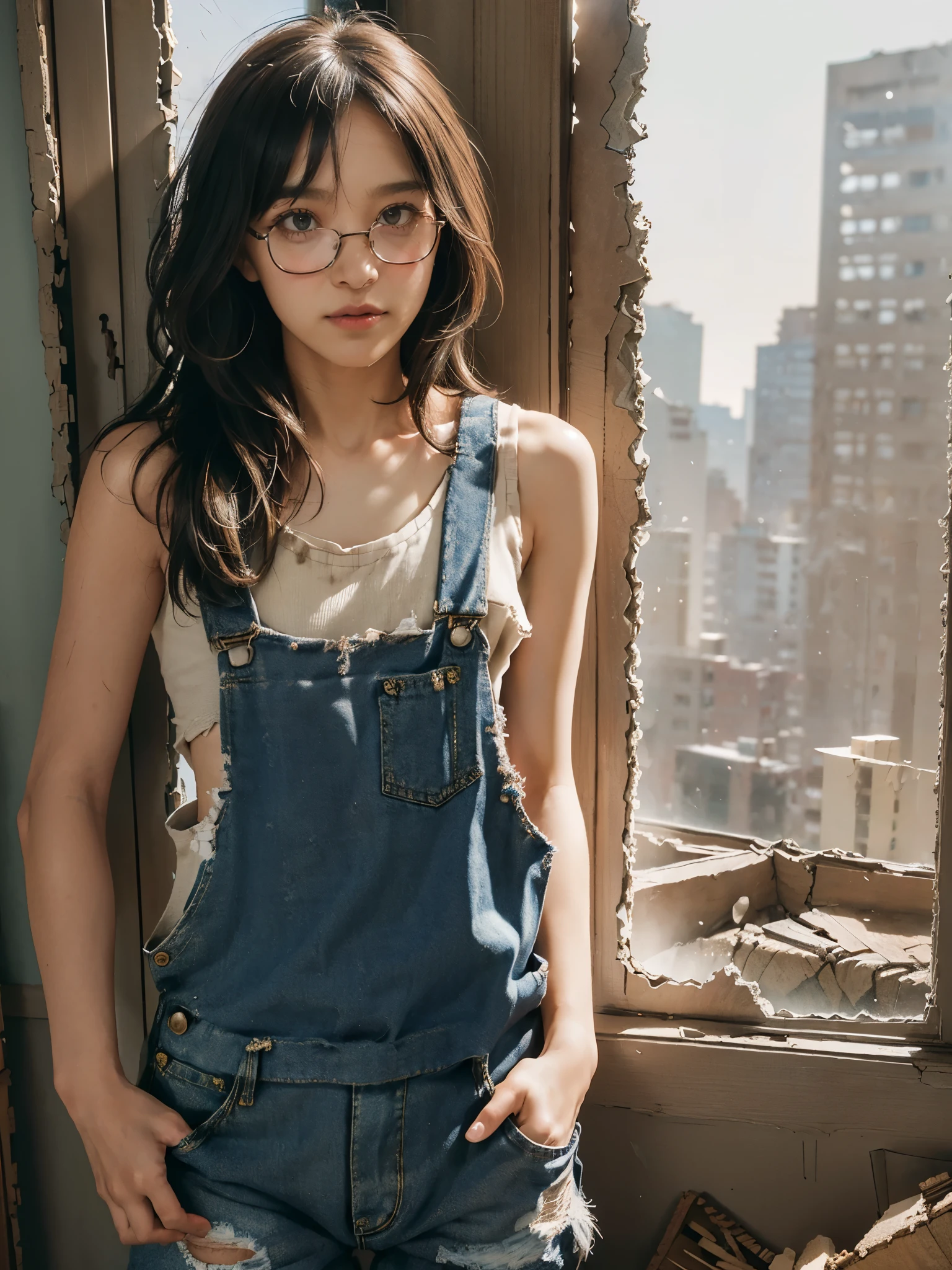 raw photo, 8k, (top-quality), Realistic, (real picture, Intricate details), (natural skin texture, detailed skin, hyper realism, sharpness), (Japanese college girl standing in an abandoned apartment building, hands in pockets), ((tattered tank top, dirty tank top, Distressed denim overalls, sleeveless)), (((Small chest:1.4))), Fair skin, sweaty skin, ((Wavy long hair, One-length hairstyles)), (kanakomomota, neat face, Parted lips, glasses), Room being demolished, dusty room, cracked wall, Messy floor, Pile of rubble:1.3, broken window, cracked Window glass, Hard lighting:1.3, sunset light, Full body shot