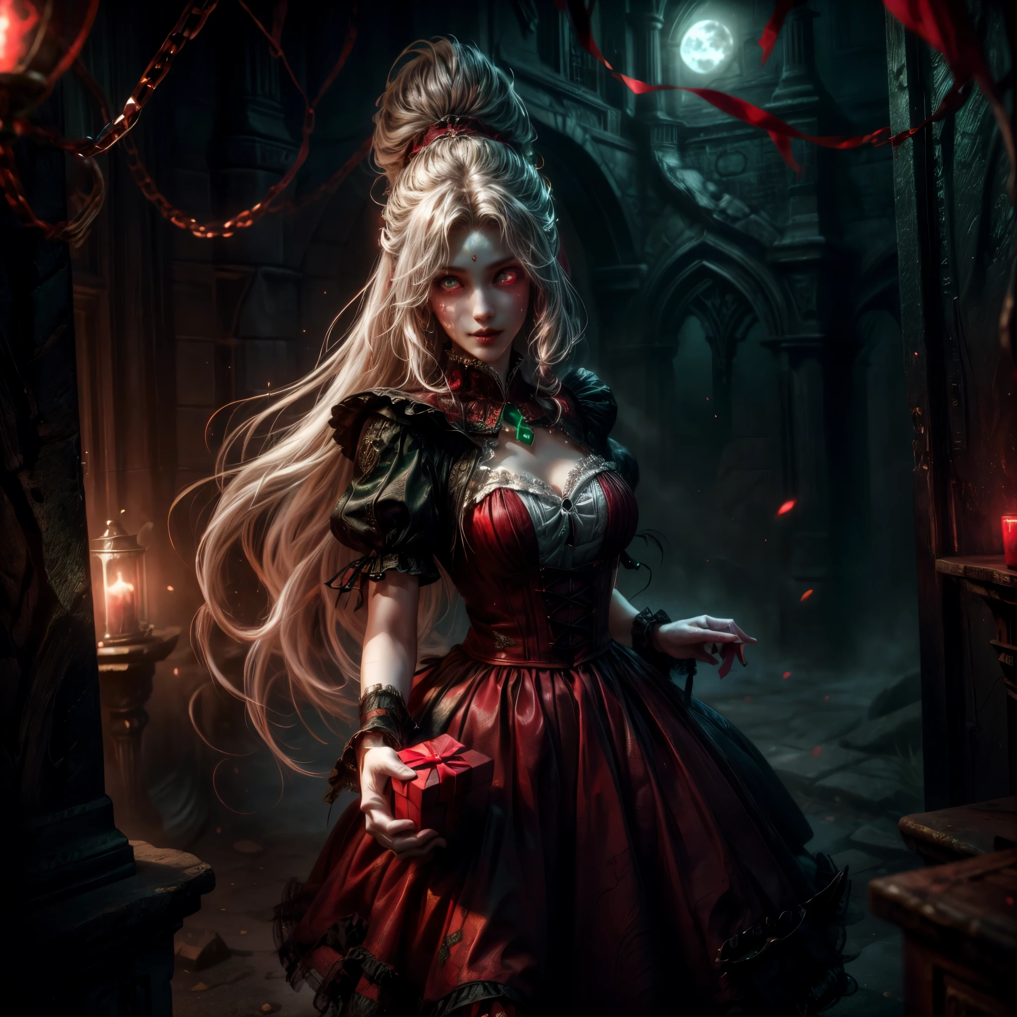 a picture of vampire standing in the front of her home holding a (blood: 1.3) dripping (gift box: 1.5), an exquisite beautiful female vampire in her front door of her home, full body (ultra detailed, Masterpiece, best quality), ultra detailed face (ultra detailed, Masterpiece, best quality), grey skin: 1.3 , blond hair, hair in a ponytail, long hair, blue eyes, cold eyes, glowing eyes, intense eyes, smile with [drops of blood on face] (ultra detailed, Masterpiece, best quality), dark red lips, [vampire fangs], wearing red dress (ultra detailed, Masterpiece, best quality), (green: 1.4) dark green cloak, (green: 1.3) green high heeled boots in front of her home, holding a (white: 1.4) (gift box: 1.5) dripping red blood GlowingRunes_red (ultra detailed, Masterpiece, best quality, high details, best quality, 16k, [ultra detailed], masterpiece, best quality, (ultra detailed), full body, ultra wide shot, photorealism, luis royo style, dark fantasy art, moon light coming through the window, moon rays, gothic art, sense of dread, sense of seduction, bloodmagic,