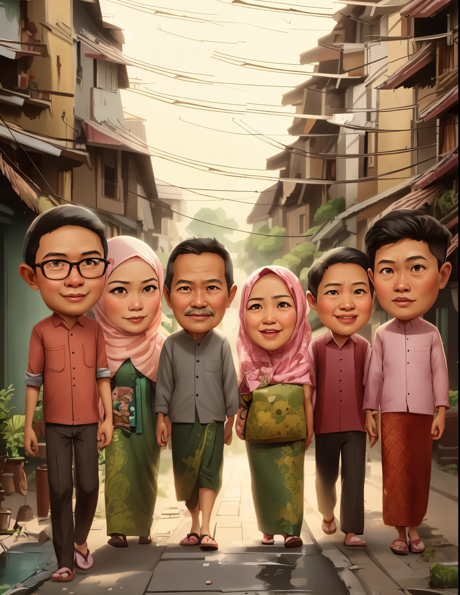 cartoon characters of people walking down a Alleys Village roads, cables connecting each other between houses, densely populated areas, potrait, an indonesian family portrait, indonesian muslim family, caricature style, charactor, caricature illustration, in cartoon style, full protrait, 3 d cartoon, protrait, family portrait, style of cartoon, cartoon artstyle, cartoon style illustration, inspired by Rudy Siswanto, digital art cartoon, family