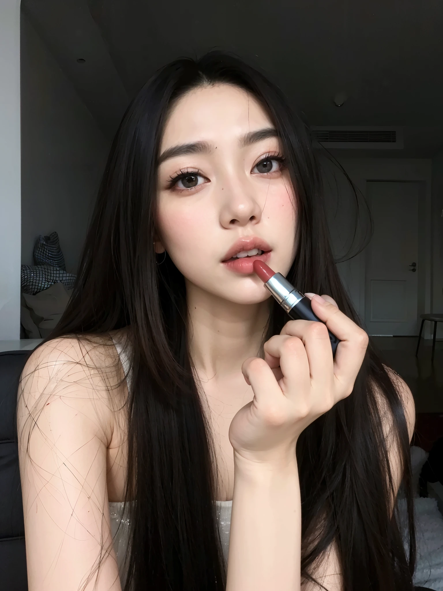 curvy woman with long black hair holding a lipstick in her hand, maquiagem sul-coreana popular, maquiagem coreana popular, Ulzzang, menina coreana, clear lips and high quality, Mulher sul-coreana bonita, linda mulher coreana jovem, Yanjun Chengt, Sha Xi, pale thin lips, dilraba dilmurat, Xintong Chen, Sakimichan