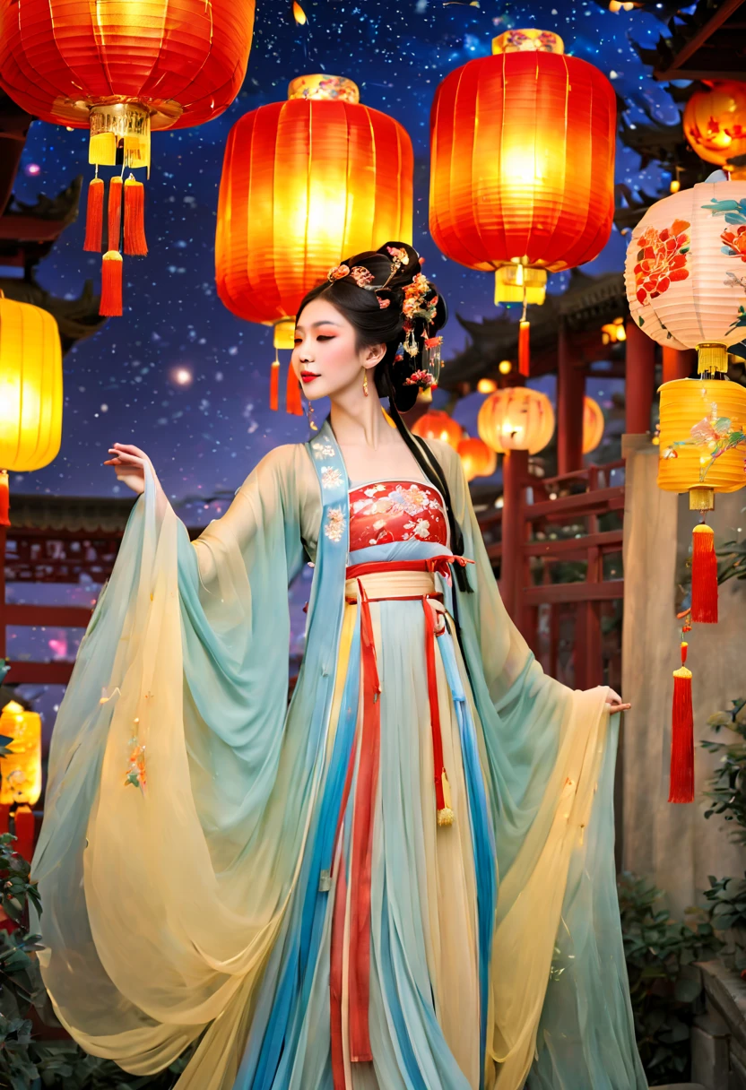 The beautiful(Shanghai Yu Garden)Celebrate New Year's Day New Year's Countdown,new year 2024,(Colorful lanterns and decorationireworks in the night sky:1.5),(挂满了很多Colorful lanterns and decorations),Gorgeous Yu Garden,(Fireworks bloom),Beautiful reflection of fireworks and lanterns,a joyful atmosphere,(Korean girl shows off her most beautiful Hanfu fashion dance in Yuyuan Garden:1.5),Psychedelic stage,Ethereal atmosphere, (Anatomically correct, Delicate face makeup , pretty face, The face shape is perfectly proportioned),(Advanced facial details:1.1)A collection of shiny blue luxury Hanfu dresses,Gorgeous Hanfu costumes and Hanfu beauties,真实感,Amazing Cleavage, 电影灯光, Sony FE , wide angles, first person perspective, 8K, hyper HD, tmasterpiece, acurate, ctextured skin, high detal, Best quality at best, Award-Awarded,Shoot from a distance,Sense of distance