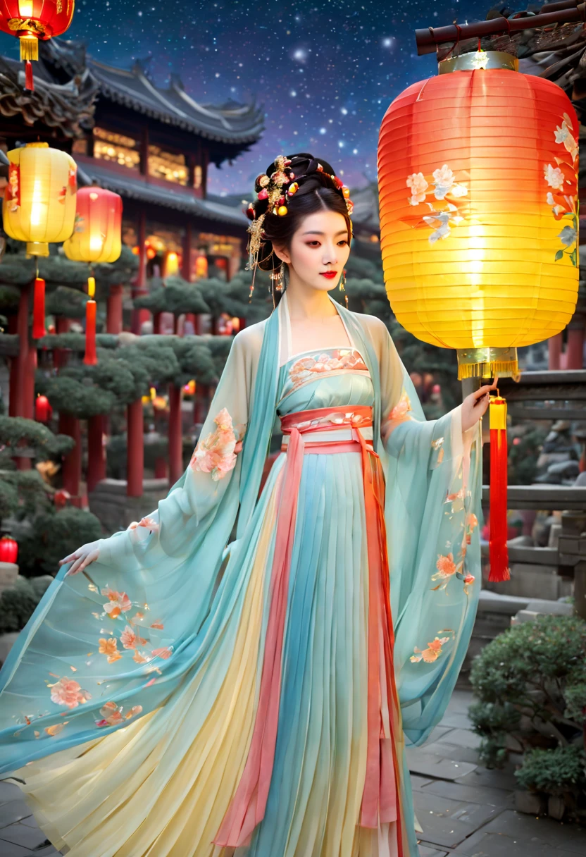 The beautiful(Shanghai Yu Garden)Celebrate New Year's Day New Year's Countdown,new year 2024,(Colorful lanterns and decorationireworks in the night sky:1.5),(挂满了很多Colorful lanterns and decorations),Gorgeous Yu Garden,(Fireworks bloom),Beautiful reflection of fireworks and lanterns,a joyful atmosphere,(Korean girl shows off her most beautiful Hanfu fashion dance in Yuyuan Garden:1.5),Psychedelic stage,Ethereal atmosphere, (Anatomically correct, Delicate face makeup , pretty face, The face shape is perfectly proportioned),(Advanced facial details:1.1)A collection of shiny blue luxury Hanfu dresses,Gorgeous Hanfu costumes and Hanfu beauties,真实感,Amazing Cleavage, 电影灯光, Sony FE , wide angles, first person perspective, 8K, hyper HD, tmasterpiece, acurate, ctextured skin, high detal, Best quality at best, Award-Awarded,Shoot from a distance,Sense of distance