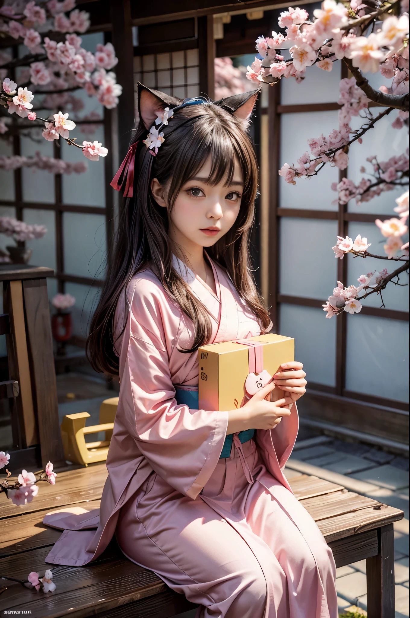 "((Kawaii)) Nekomimi girl presenting a parcel with Yamato's Kuroneko logo, (cherry blossom) background, (golden hour), best quality, high resolution, detailed, (ethereal atmosphere), ((Japanese fusion))."