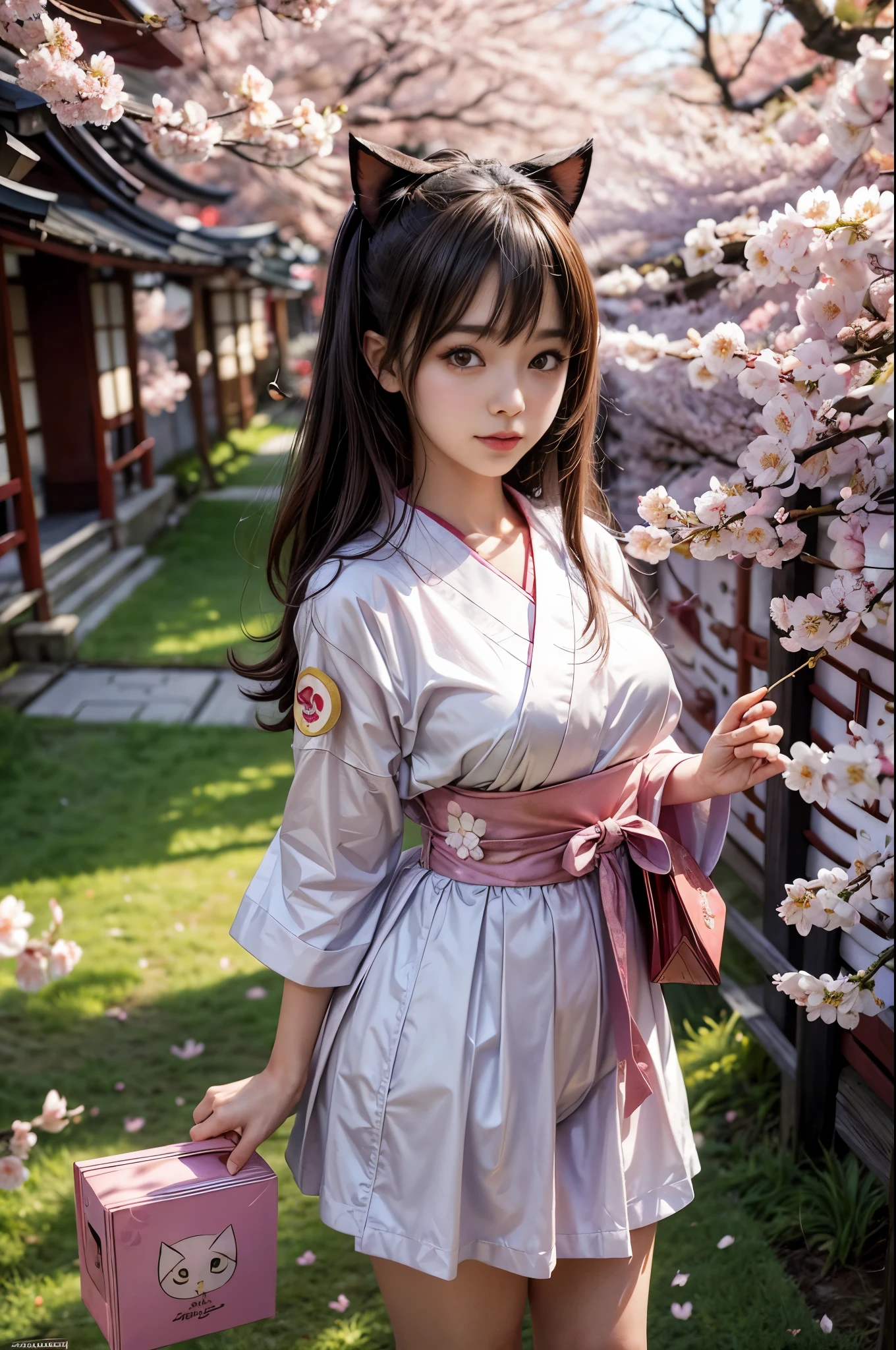 "((Kawaii)) Nekomimi girl presenting a parcel with Yamato's Kuroneko logo, (cherry blossom) background, (golden hour), best quality, high resolution, detailed, (ethereal atmosphere), ((Japanese fusion))."