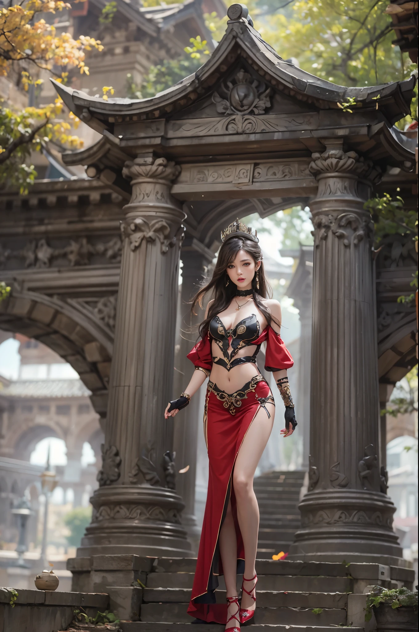 ((​masterpiece:1.4)、(top-quality:1.4)、(reallistic:1.7))、Beautiful girl strolling in the garden of fantastic ancient city、Sexy Daughter、Super beautiful girl、1girl in:1.4、Dress like a queen、Glossy luxury latex、Luxury Latex Bodysuit、By Luis Royo、age19、Super Ultra Ultra Bikini、Outstanding style、(Two legs are drawn correctly:1.7)、(Two arms:1.4)、anatomical correct、Slender Abeauty legs:1.4)、beautiful countenance、kawaii fateautiful ass、A detailed eye、beautidful eyes、Raw photo、red-lips、Red high heels、a choker、a necklace、耳Nipple Ring、Fantasy of an ancient city、Fantasy worldview