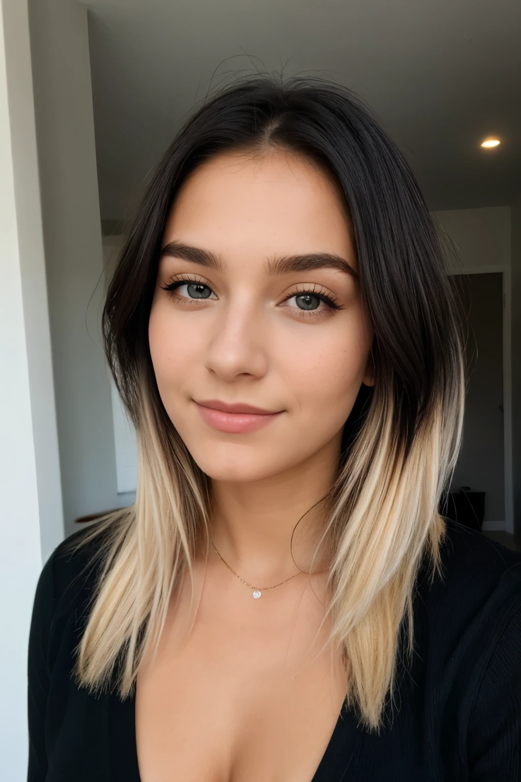 20 year old Brésilienne woman, riant, cheveux de couleur noir, fond noir, teint blonde