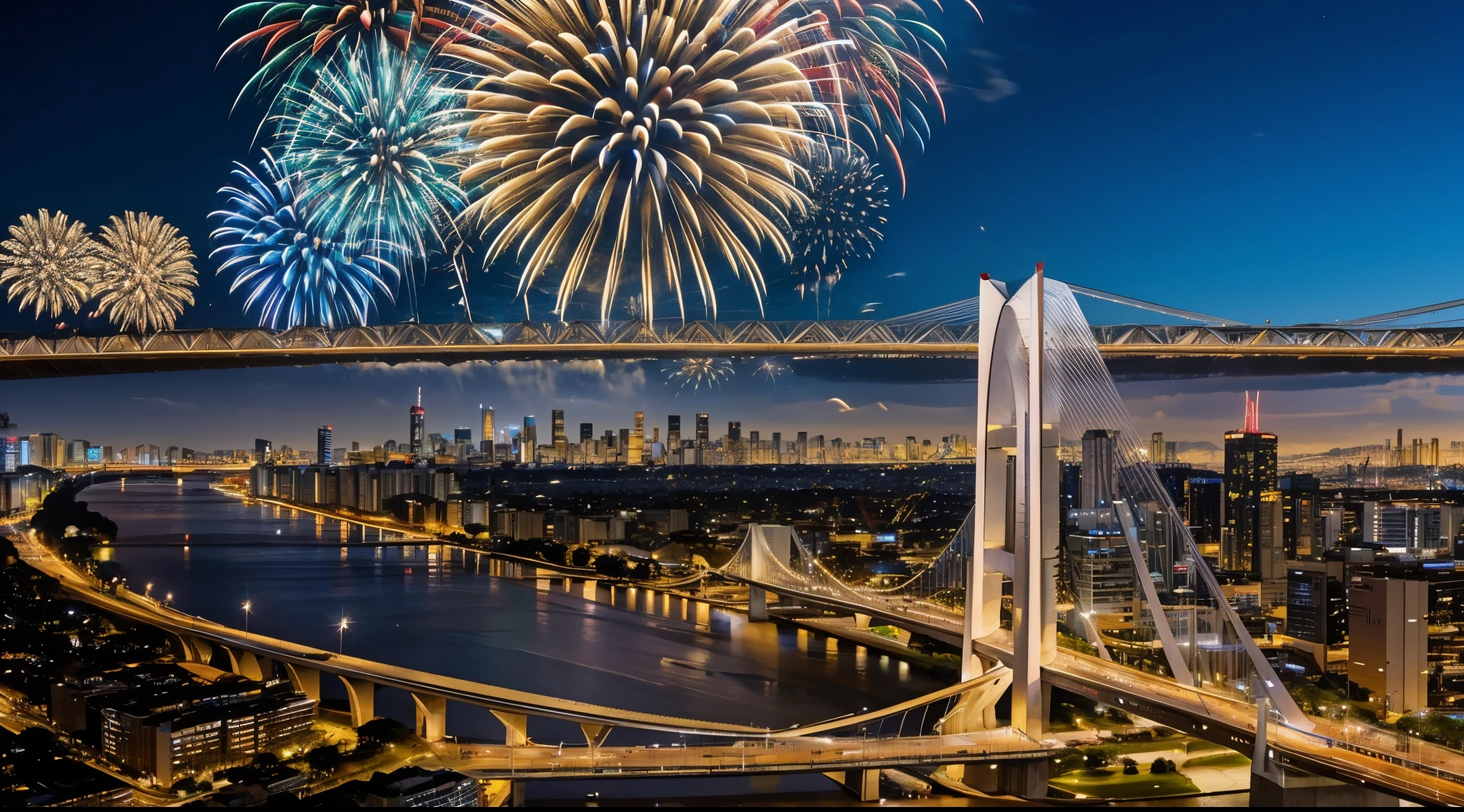 NEW YEAR'S FIREWORKS from a bridge with a city in the background, São Paulo, futuristic sao paulo, Santiago Calatrava, São Paulo, In Sao Paulo,