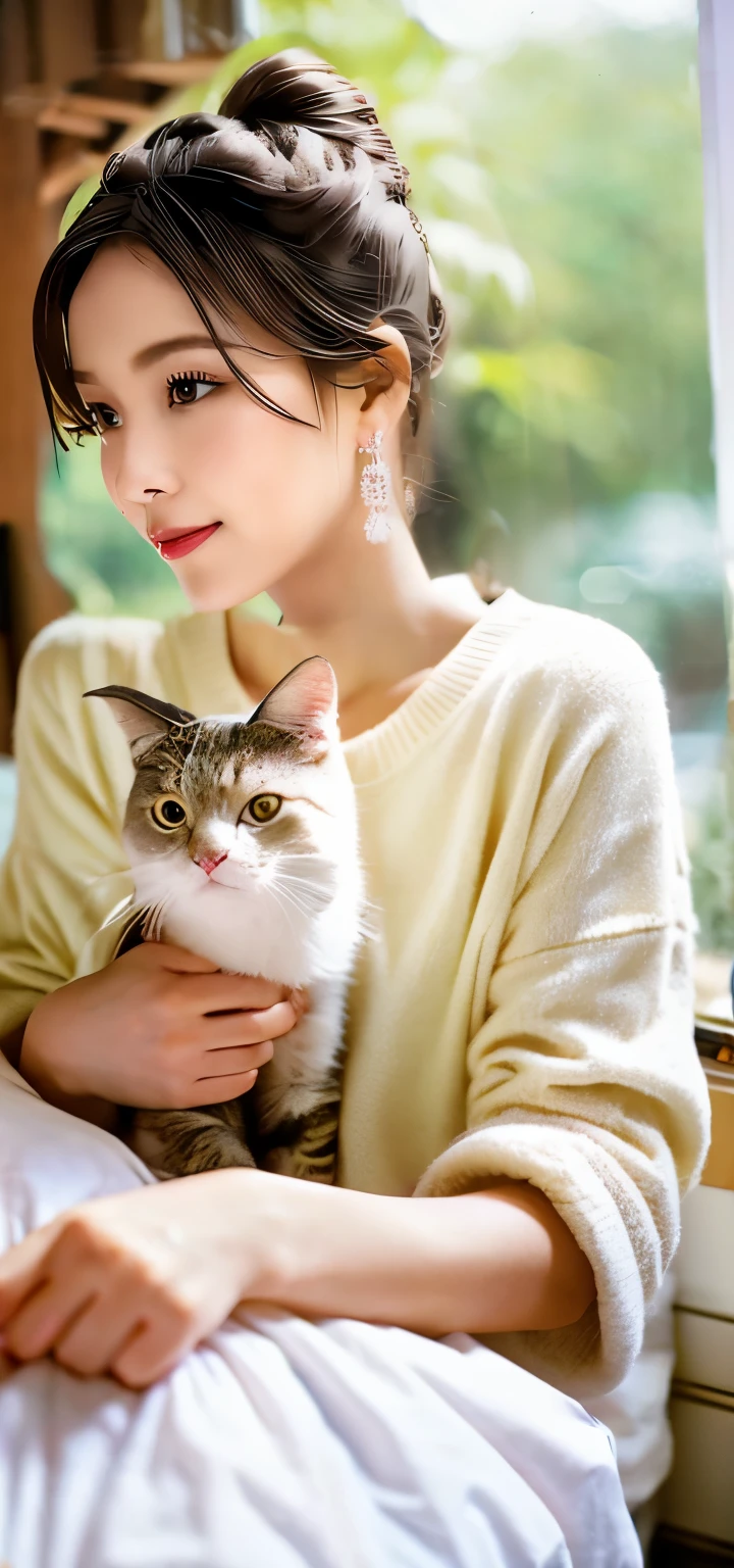 Woman in comfortable clothes on bed with cat, 80s style, Half body shot, high quality photograph.