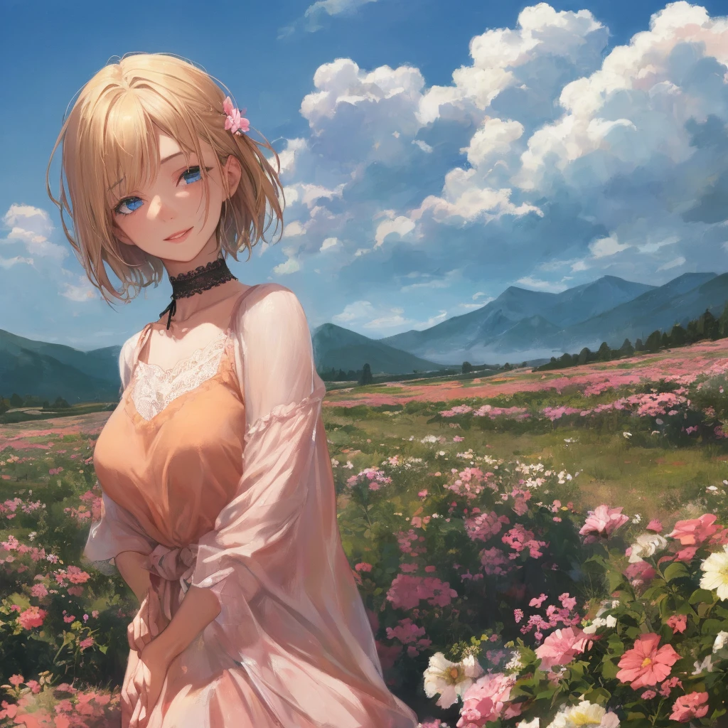 (realistic,painting_style,)mature, 1girl, solo, amelia watson, virtual youtuber,blonde hair, blue eyes, choker, flower, short hair, realistic eyes, head tilt, smug, looking_at_viewer, sky, mountain, outdoors, cloud, bangs, upper body, pink flower, collarbone, orange shirt, parted lips, lips, lace trim, smile, black choker, mountainous horizon, cloudy sky, standing, holding_flowers