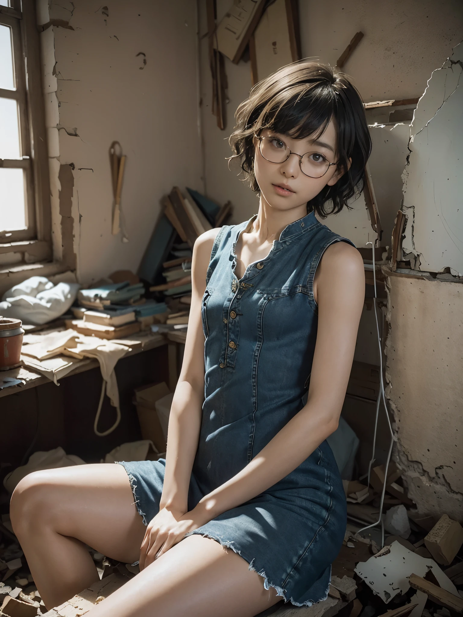 raw photo, 8k, (top-quality), Realistic, (real picture, Intricate details), (natural skin texture, detailed skin, hyper realism, sharpness), (Japanese college girl sitting in an abandoned classroom, hands behind head, armpit exposed, showing armpit), ((Front Button Denim Dress, mini dress, Distressed denim, sleeveless)), (((Small chest:1.4))), Fair skin, sweaty skin, ((Wavy short hair, pixie cut hairstyle)), (neat face, Parted lips, glasses), Room being demolished, dusty room, cracked wall, Messy floor, Pile of rubble, broken window, cracked Window glass, Hard lighting:1.3, Full body shot