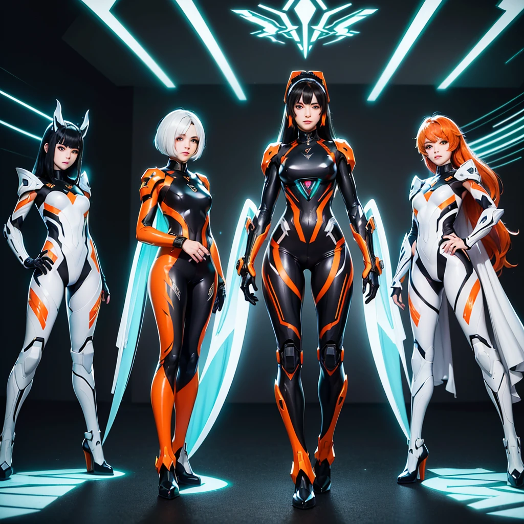 3 young women, (((muita roupa))), corpo inteiro, from head to toes, standingn, Feminino, (((Pele Escura))), Cabelo preto com Rabo de cavalo, Olhos Azuis-Claros, Round Glasses with a Lightly Dark Lens with this Lens being Orange, and the Light Blue frame, ((Black Metallic Gauntlets and Greaves with Orange and Silver Highlights)), (((As Roupas tem uma Mistura de Moderno e Tribal))), tendo em sua Maioria a Cor Preta, mas tendo Partes em Laranja, Shoulders on Display, On the Hip, a Short that extends to Half the Thigh in black.
(((em linhas douradas hiper realistas e detalhadas plugsuit sci-fi iluminado por neon armadura mecha branca, Ethereal Aesthetic Style))) mulher morena da beleza com cabelo de cavalinha realista, intrincado rosto de beleza perfeita, olhos afiados detalhados, Rosto detalhado, (((From face to waist))), (((Forma de beleza))), master part, 4k, UHD