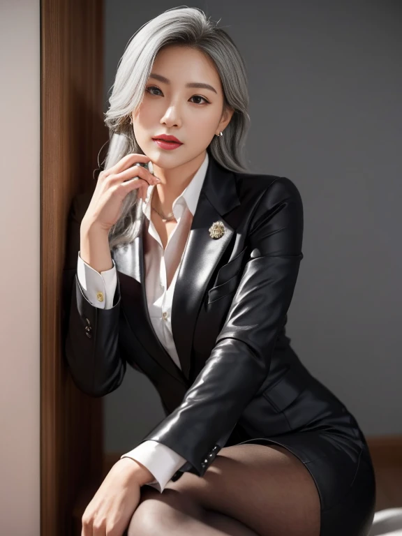 an beautiful，
(((tmasterpiece))), ((Best quality)), ((intricately details)), ((hyper realisitc)), Ridiculous resources, 摩洛解放阵线, Mature woman, （），Perspectives, The content is very detailed, lamplight, Perfect hands, detailed finger, 美丽细致lewd eyes, Long gray hair, 棕色lewd eyes, CEO, (Professional Dress:1.2), Blazer in similar color scheme，Paired with thin lapel dress,Black leather pantyhose,Pink collar, ear nipple ring, livestock, detailedbackground, Bedrooms, 完美lewd eyes, lewd eyes, looking at viewert, seen from the side