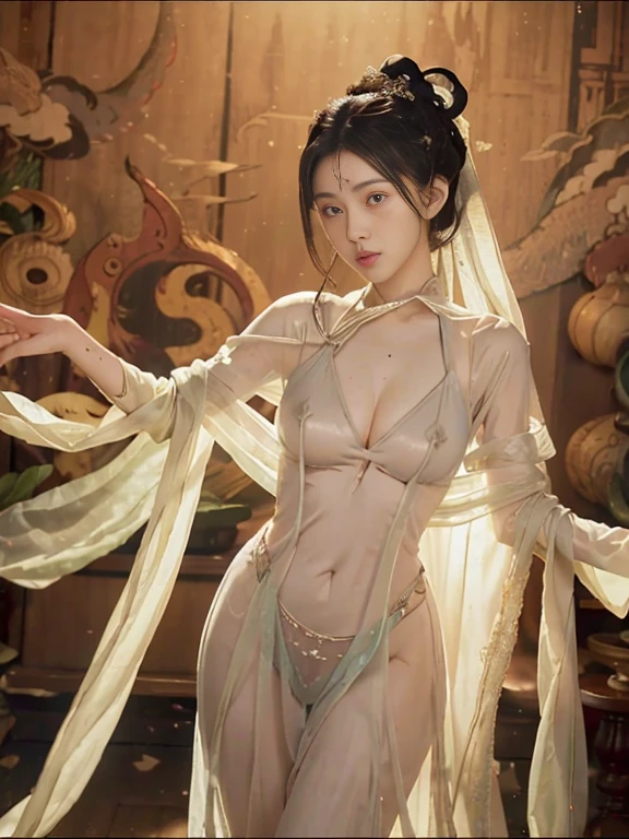 best quality,masterpiece,extremely Detailed details,high resolution,8k,intricate details,realistic,photorealistic,dramatic lighting, 1girl,dunhuang_clothes,dunhuang_dress,small breasts,partially hidden by the clothing,(see-through:1.3),Through a thin veil,glimpses of breasts are visible,creating an alluring and suggestive effect,reveals glimpses of her skin and the contours of her chest, cowboy shot,dancing,