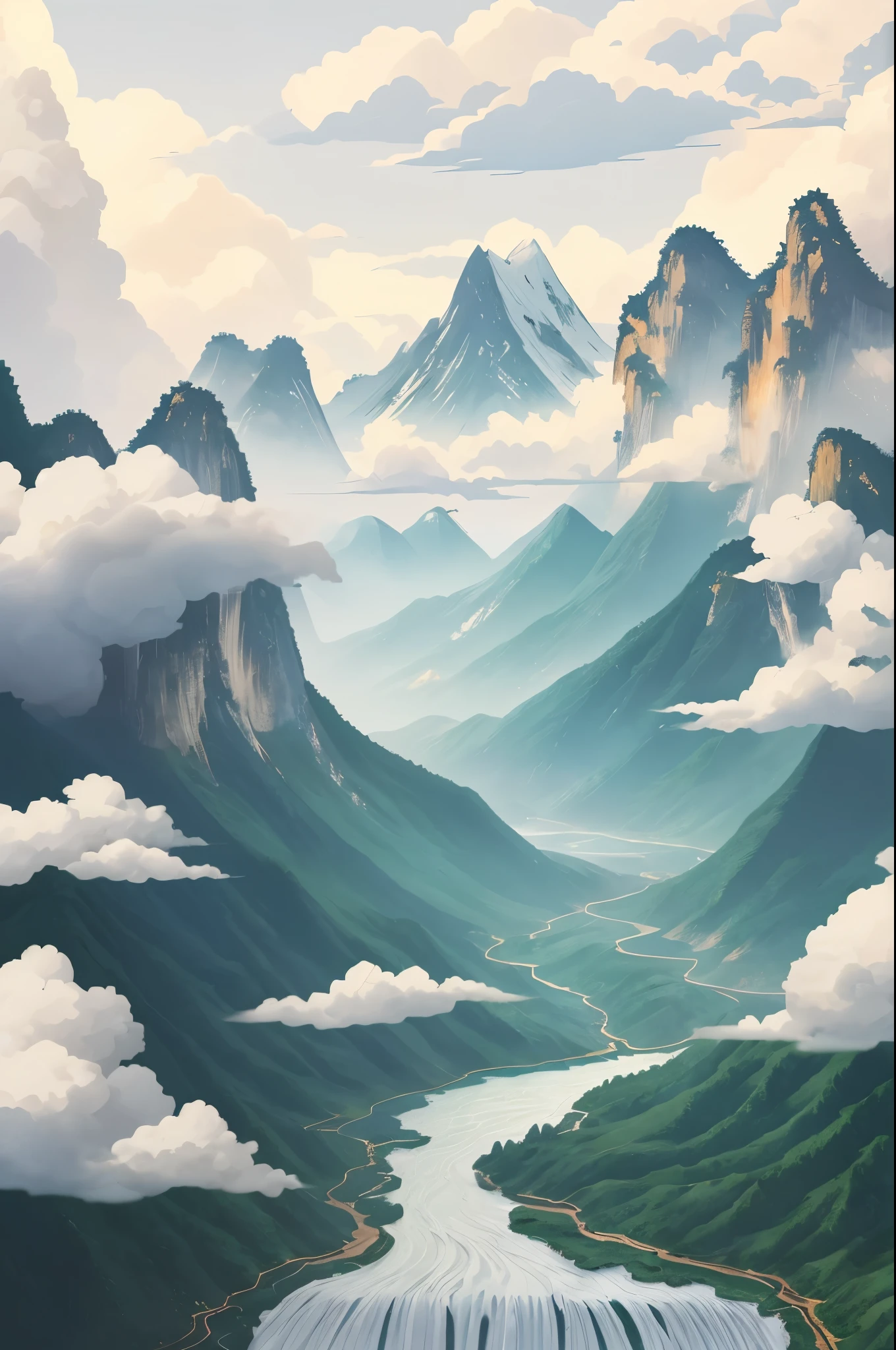 Chinese illustration on white background,outlet,mountain water,Auspicious clouds,Super refined,Blue-green,Illustration style,3D