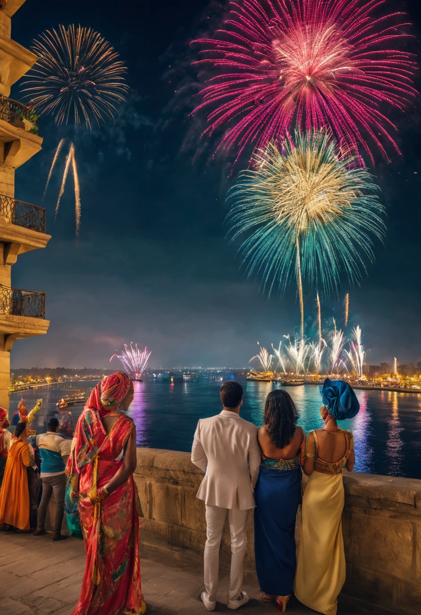 the beautiful People celebrate New Year 2024 in the streets of Egypt, They enjoy looking at the Nile River and the sailboats passing by , They wear the most beautiful clothes ,in a panoramic view,photorealestic,8K , In the evening at exactly 12 pm , Fireworks in the sky in dazzling colors , People's appearance is consistent with their clothes