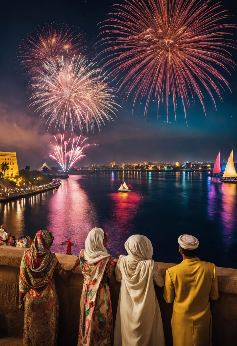 the beautiful People celebrate New Year 2024 in the streets of Egypt, They enjoy looking at the Nile River and the sailboats passing by , They wear the most beautiful clothes ,in a panoramic view，photorealestic，8K  , In the evening at exactly 12 pm , Fireworks in the sky in dazzling colors , People&#39;s appearance is consistent with their clothes
