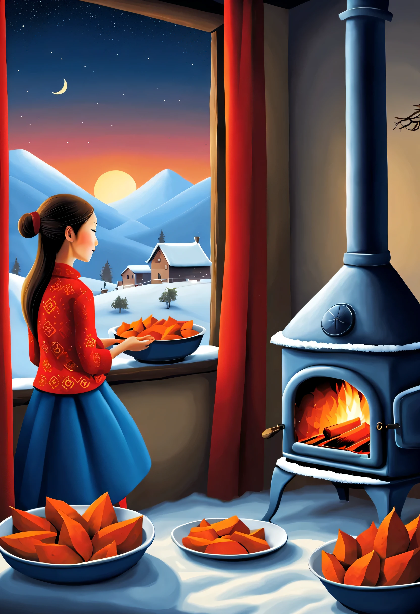 Iwona Lifsches Style，Oven roasted sweet potatoes and beautiful girl in rural China，Background with：indoor country stove，Lunar New Year Snow Night，Red lantern fireworks bloom in the night sky