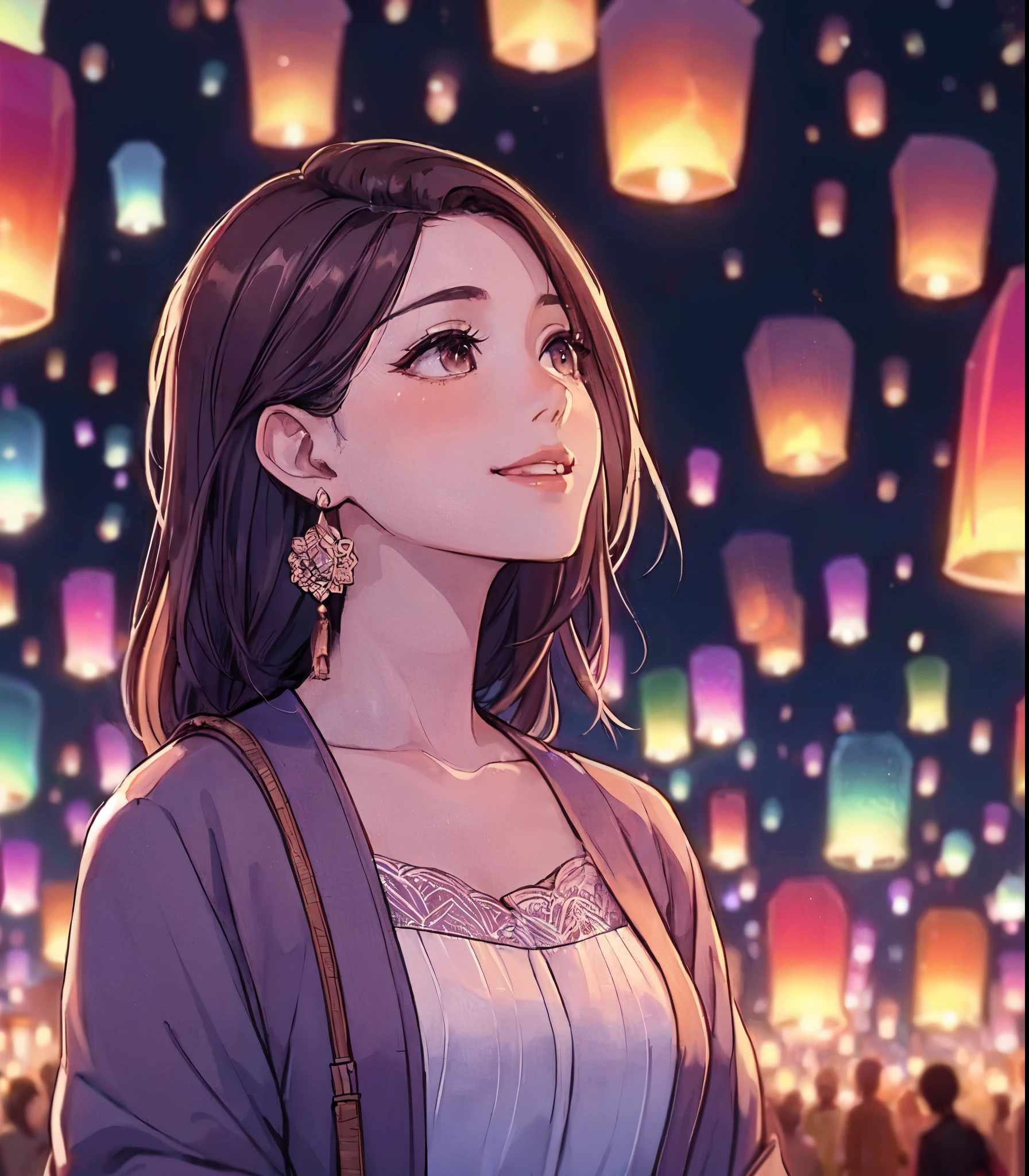 1lady solo, (looking up at the night sky:1.2), (stylish outfit), mature female, /(dark brown hair/) bangs, blush kind smile (eyes sparkling with fascination:1.1), (masterpiece best quality:1.2) delicate illustration ultra-detailed, large breasts BREAK (floating lanterns:1.2) glowing, (night sky filled with countless lanternREAK (Kom Loy festival outdoors) Chiang Mai, (New Year's Day), crowded