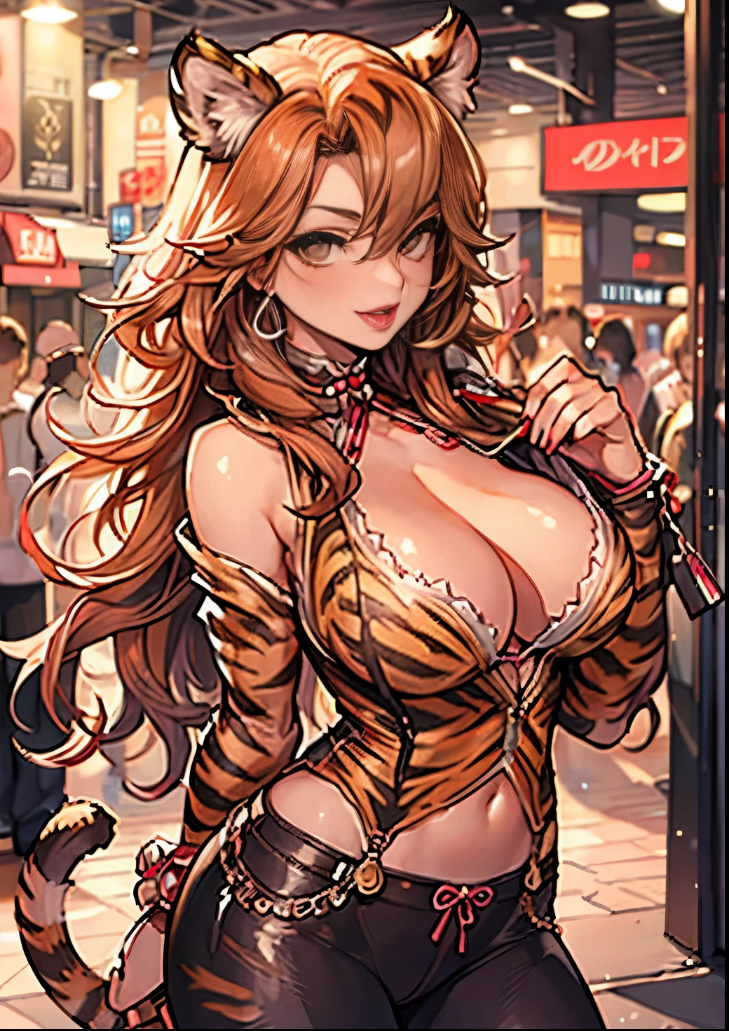 tiger sexy woman, Beautiful well-groomed face, red lipsticks, large full breasts, tiger print sexy clothes,