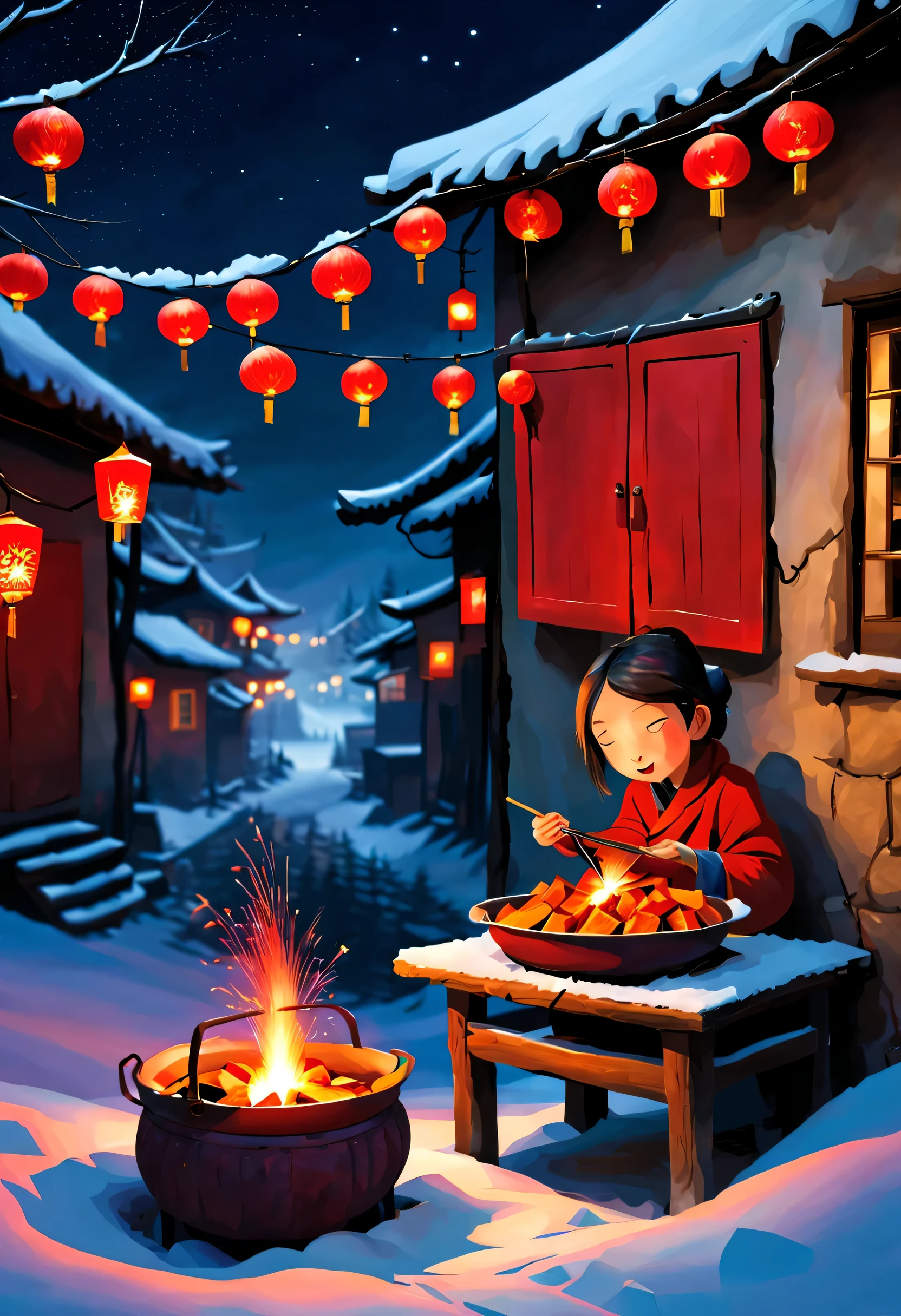 Iwona Lifsches Style,Roasted sweet potato stove in rural China,Lunar New Year Snow Night,Red lanternire works