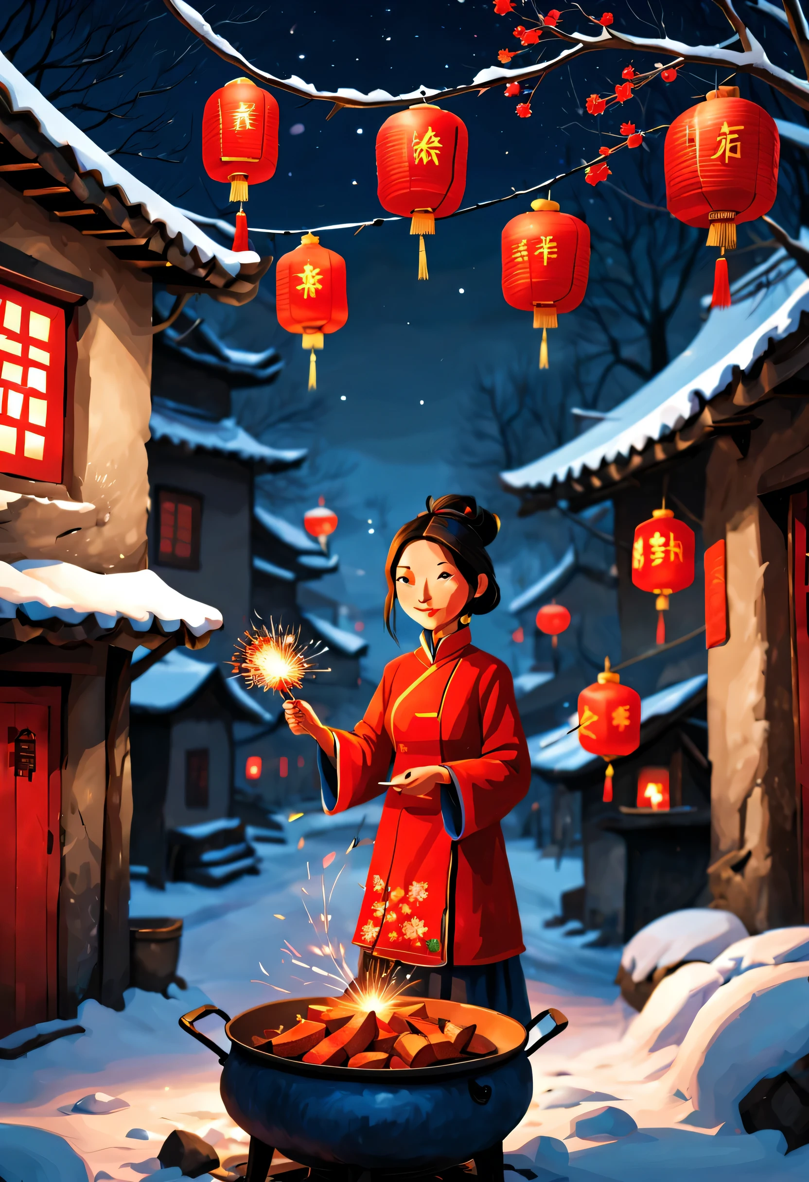 Iwona Lifsches Style,Roasted sweet potato stove in rural China,Lunar New Year Snow Night,Red lanternire works