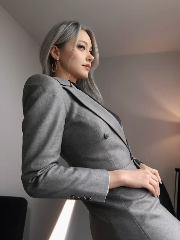 an beautiful,
(((tmasterpiece))), ((Best quality at best)), ((intricately details)), ((hyper realisitc)), Ridiculous resources, 摩洛解放阵线, Mature woman, (),Perspectives, The content is very detailed, lamplight, Perfect hands, detailed finger, 美丽细致lewd eyes, Long gray hair, 棕色lewd eyes, CEO, (Professional Dress:1.2), Blazer in similar color scheme,Paired with thin lapel dress,Black leather pantyhose,Pink collar, ear nipple ring, livestock, detailedbackground, Bedrooms, 完美lewd eyes, lewd eyes, looking at viewert, seen from the side