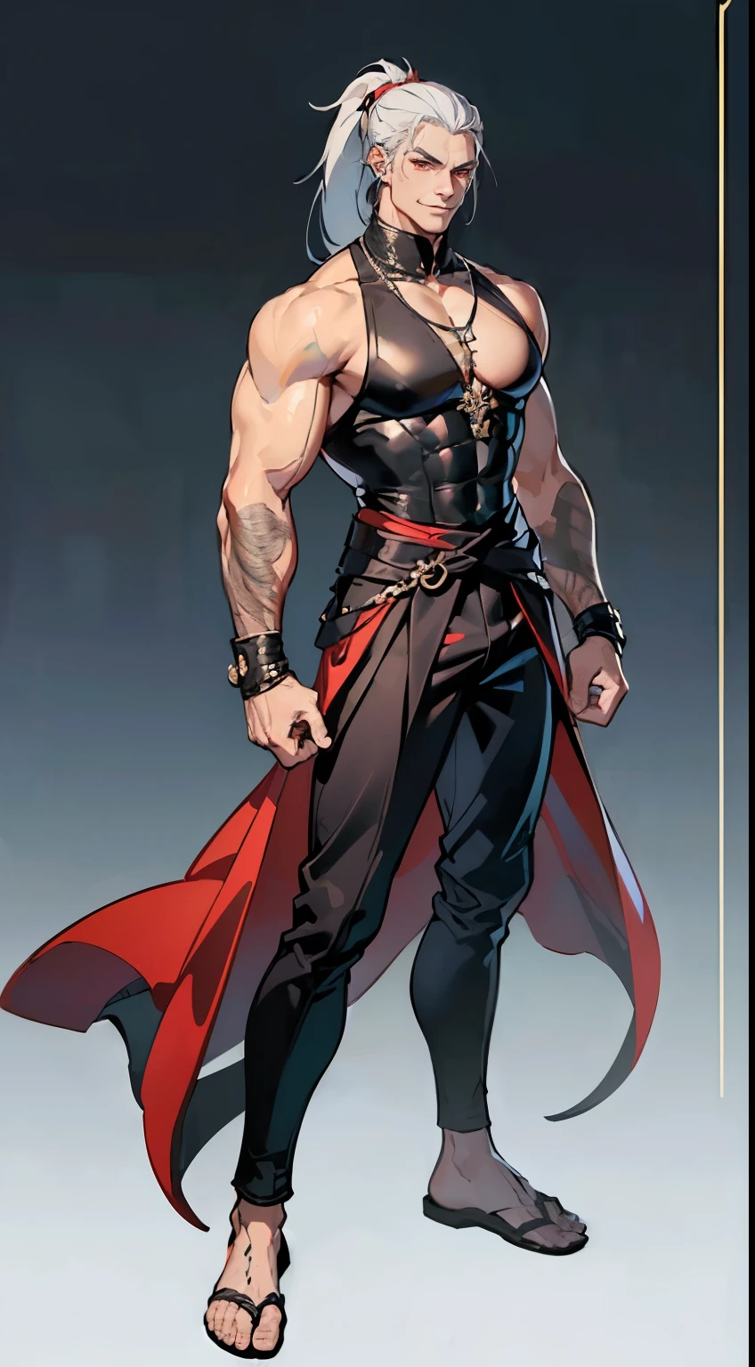 30 years old, big eyes, Chinese male, stubble, short white hair, huge muscles, exaggerated muscles, mature man, muscle swelling, bodybuilding, pectoral muscles, abs, in the castle, nutcracker, wearing medieval gorgeous costumes, vampire, fangs, red cape, wheat-colored skin, 1man, standing, night, pointed ears, red gemstone ring, ruby necklace, ruby bracelet, red eyes
