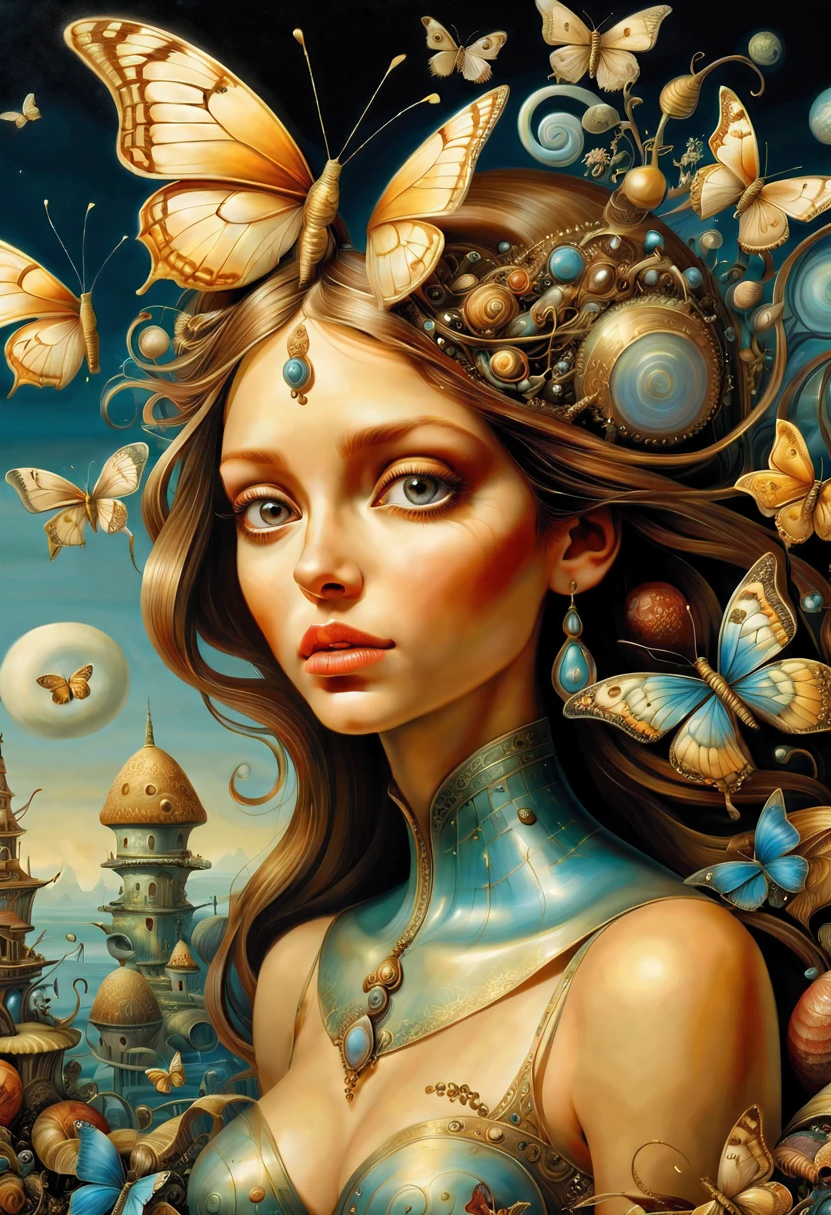 high quality, highly detailed, fantasy, At the forefront of this enchanting scene stands A Gorgeous Girl, a Mother of Pearl Loingloth .This surrealistic painting features(( Butterflys )) and Snail Houses draped over various objects computer, spaceship, Salvador Dalis face, in a dreamlike landscape. Its distorted reality and unsettling beauty in the style of Leonardo Davinchi,
