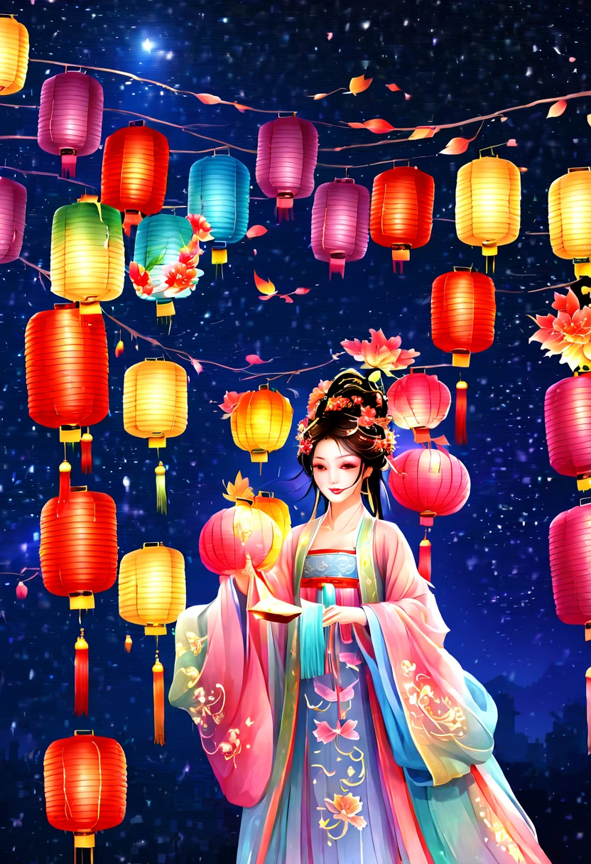 ((Celebrate New Year’s Day at the beautiful Yuyuan Garden in Shanghai)),new year 2024,(Colorful lanterns and decorationireworks in the night sky:1.8),(挂满了很多Colorful lanterns and decorations),Gorgeous Yu Garden,(((Fireworks bloom))),Beautiful bright lights of fireworks and lanterns,a joyful atmosphere,(Korean girl shows off her most beautiful Hanfu fashion dance in Yuyuan Garden:1.sychedelic stage,Ethereal atmosphere, (Anatomically correct, Delicate face makeup , pretty face, The face shape is perfectly proportioned),(Advanced facial details:1.1)A collection of shiny blue luxury Hanfu dresses,Gorgeous Hanfu costumes and Hanfu beauties,真实感,Amazing Cleavage, 电影灯光, Sony FE , wide angles, first person perspective, 8K, hyper HD, tmasterpiece, acurate, ctextured skin, high detal, Best quality at best, Award-Awarded,Shoot from a distance,Sense of distance