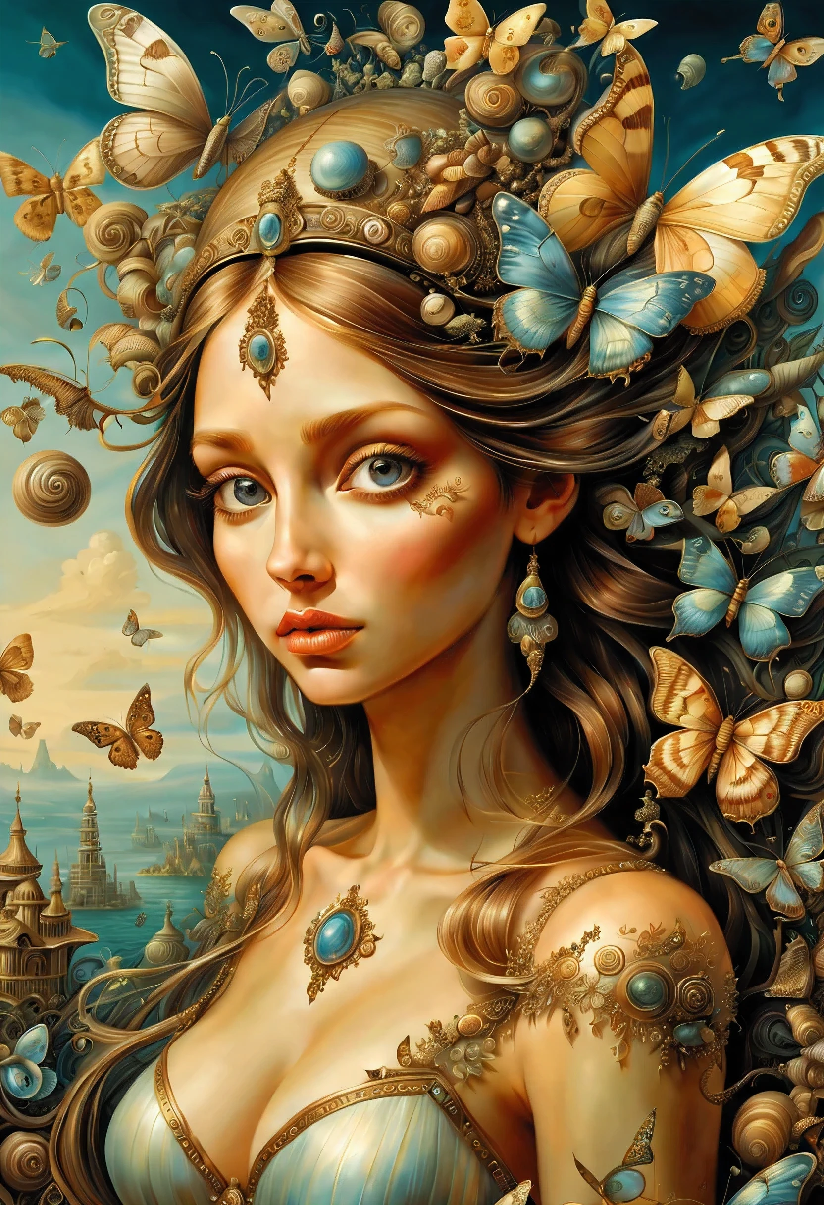 high quality, highly detailed, fantasy, At the forefront of this enchanting scene stands A Gorgeous Girl, a Mother of Pearl Loingloth .This surrealistic painting features(( Butterflys )) and Snail Houses draped over various objects computer, spaceship, Salvador Dalis face, in a dreamlike landscape. Its distorted reality and unsettling beauty in the style of Leonardo Davinchi,