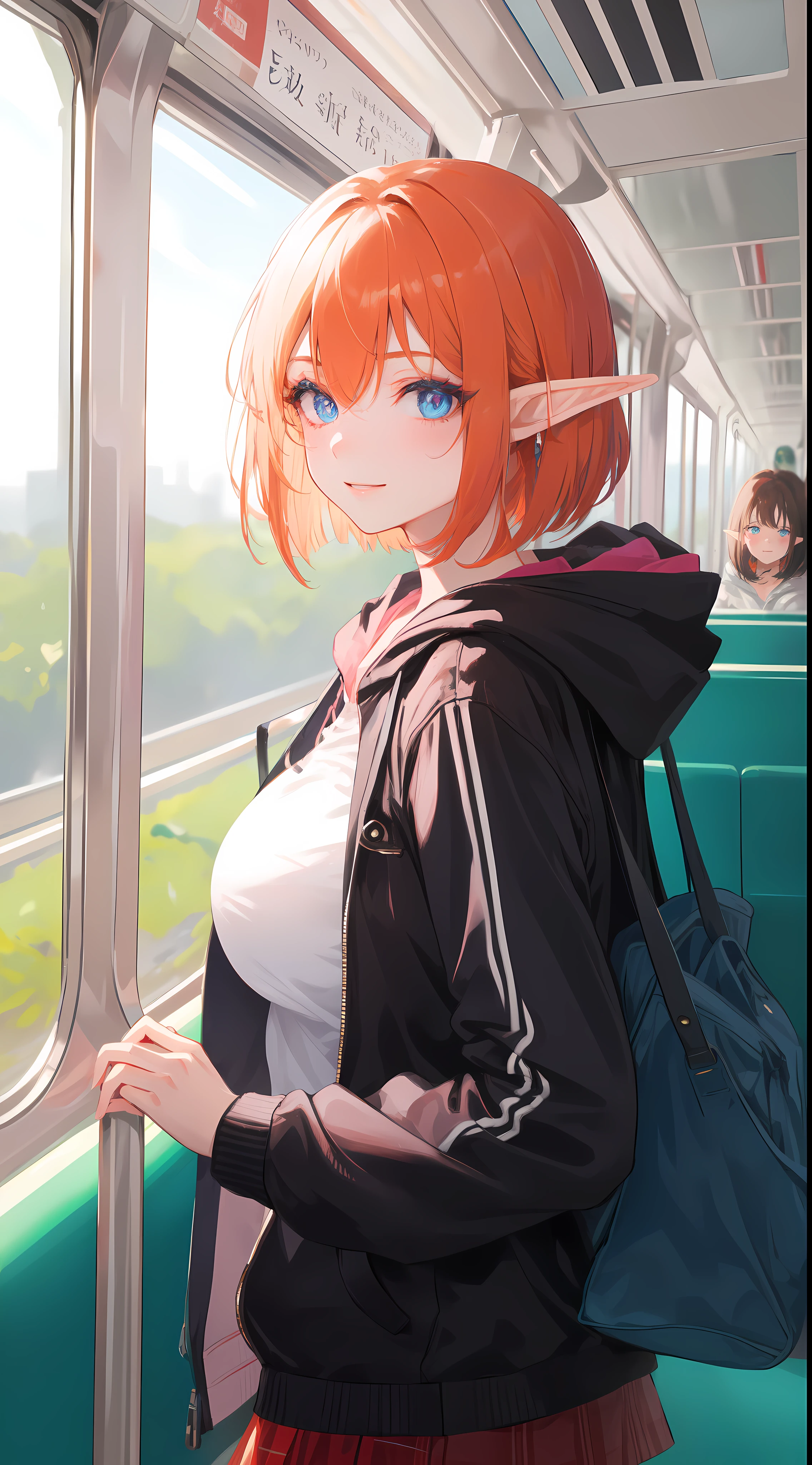 (masterpiece, sidelighting, ultra-detailed, finely detailed beautiful eyes: 1.2), An elf girl, In the train, from side, solo, upper body, Masterpiece, best quality, BREAK, highly detailed of (elf), (1girl), perfect face, details eye, Bob cut hair, Blunt bangs, (hair between eye), orange hair, red hair, Big breast, nice body, concept art by Artgerm, by Kawacy, By Yoshitaka Amano, BREAK, blue eyes, eyelashes, eyeshadow, pink eyeshadow, light smile, BREAK, bag, hoodie jacket, BREAK, train, train interior,