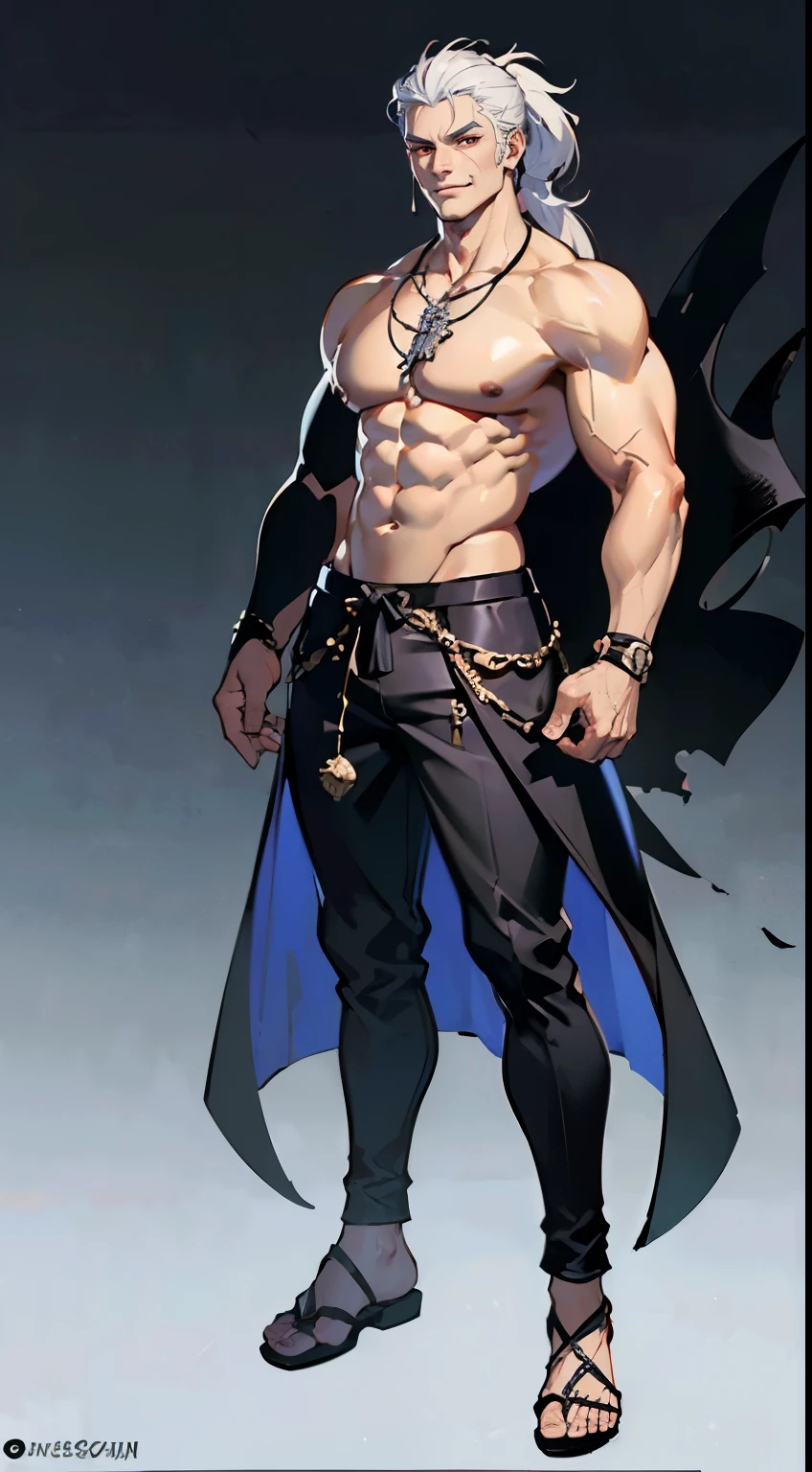 ((masterpiece,best quality,8k,highres)),((character concept art)), 1 male, middle-age man, Ashura God, 300cm tall, extraordinary charming, menacing, (smirk smile), extreme body build ((muscular)), beefy body shape, ultra finely detailed eyes (red eyes colour), intricate details, slicked back hairstyle, ponytail, (white hair colour), super finely detailed hands, ultra finely detailed fingers(((ten fingers))), sleeveless medieval outfit (black colour outfit)(stylish), short pants, black sandals, necklace, standing still, full body showcase, (show full body), (no logos on background), (no logo), ((simple background)), ((plain background)), (((empty background)))