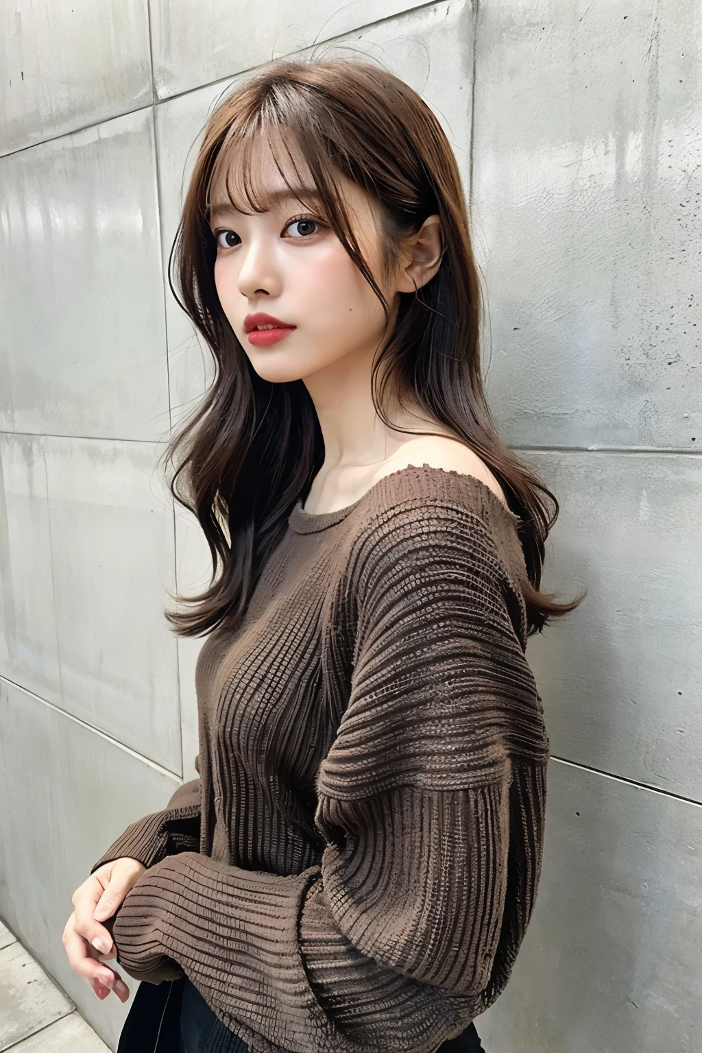 of the highest quality, 1 beautiful woman, age 28, S, 35mm lens, F/1, Cowboy Shot, Concrete background、Tile background、Black knitwear、tile wall,From below、striped brown hair color、mesh hairstyle、Highlight Hair Color