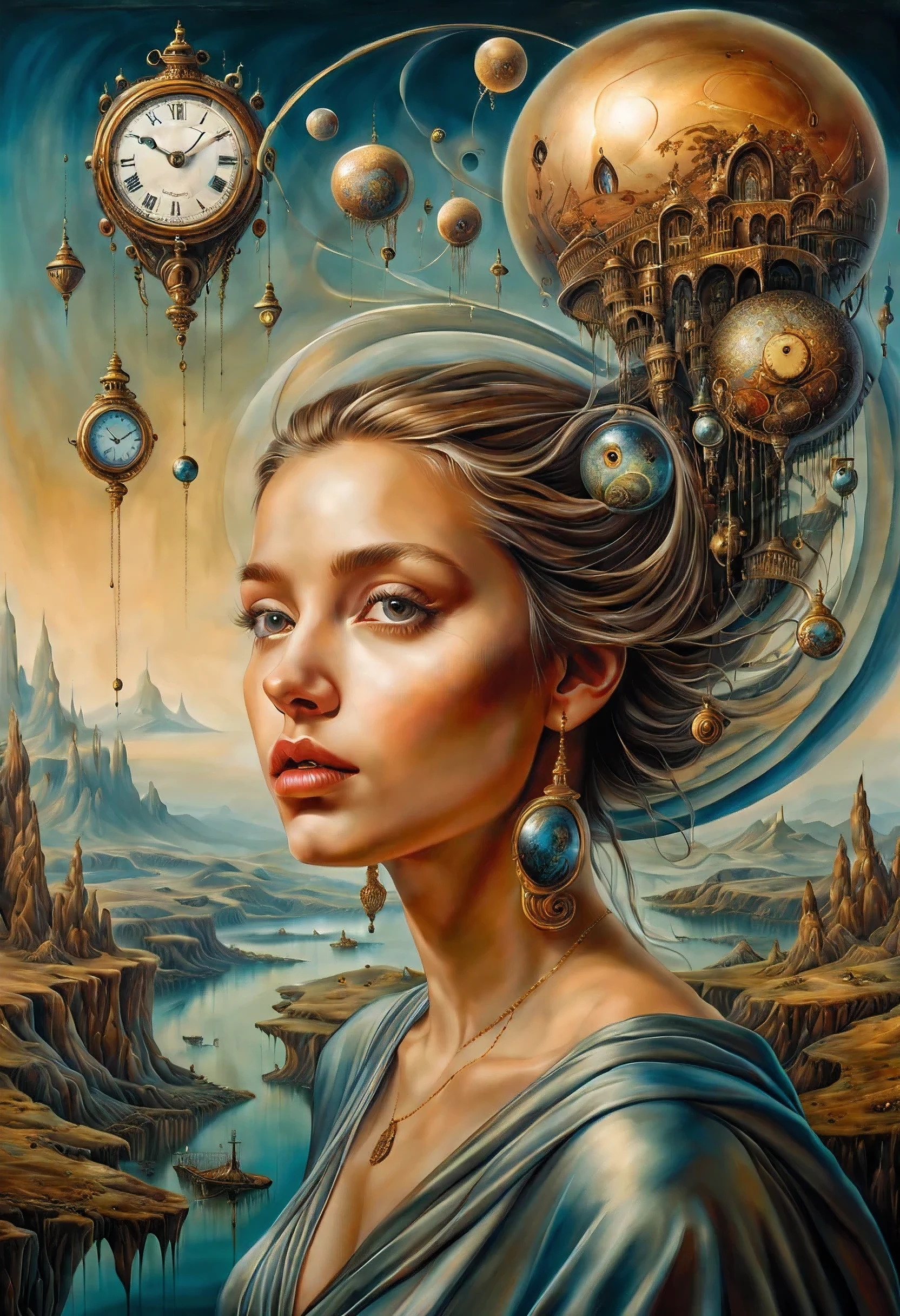 high quality, highly detailed, fantasy, At the forefront of this enchanting scene stands Abeautyful Girl in Silk cloth.This surrealistic painting features melting clocks draped over various objects computer, spaceship, Salvador Dalis face, in a dreamlike landscape. Its distorted reality and unsettling beauty in the style of Leonardo Davinchi
