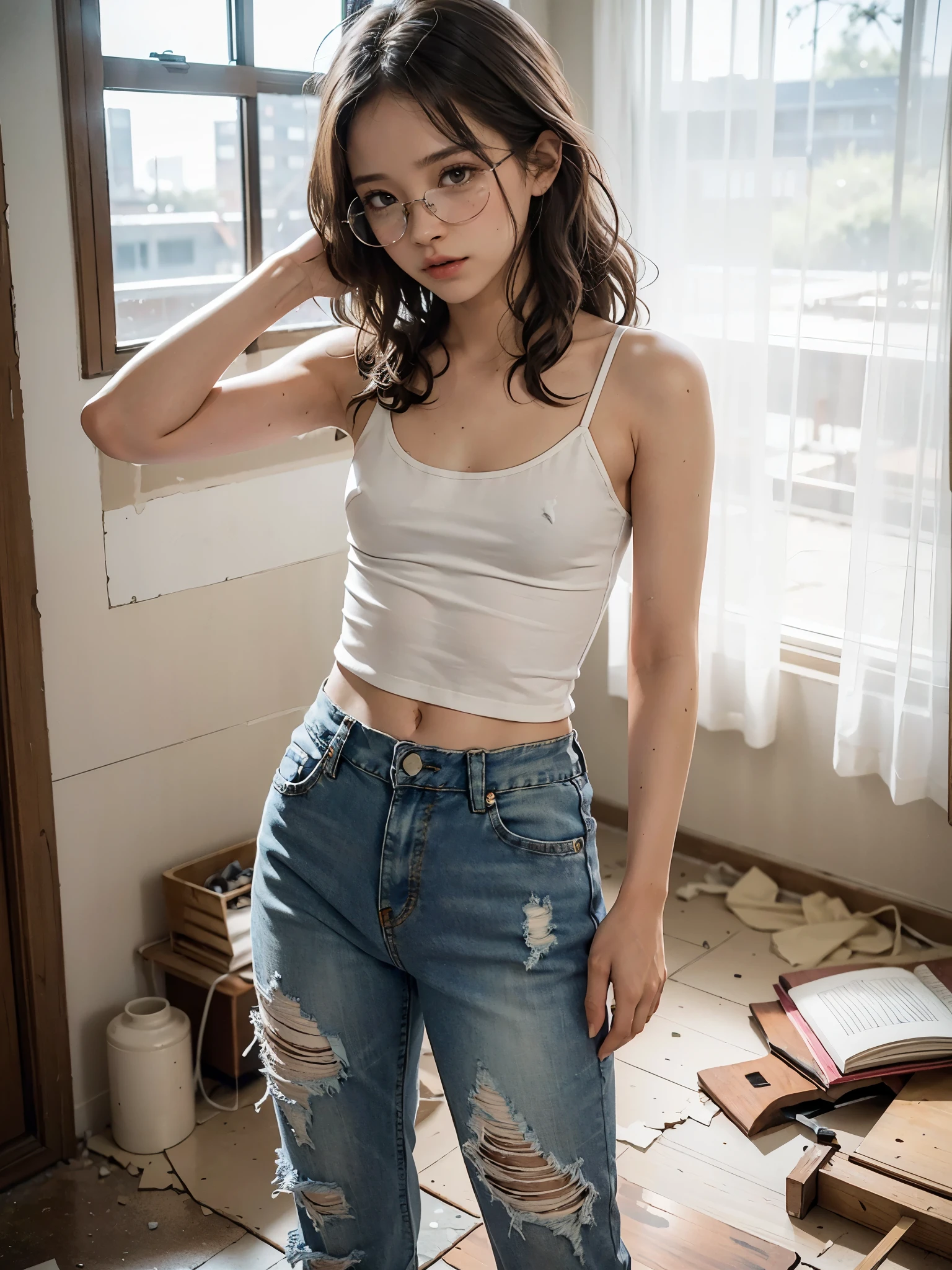 raw photo, 8k, (top-quality), Realistic, (real picture, Intricate details), (natural skin texture, detailed skin, hyper realism, sharpness), (Japanese college girl standing in an abandoned apartment building, hands behind head, armpits exposed, showing armpits), ((white tight tank top, Distressed denim pants, low rise baggy pants)), (((Small chest:1.4))), Fair skin, sweaty skin, ((Wavy long hair, One-length hairstyles)), (emwt, neat face, Parted lips, glasses), Room being demolished, dusty room, cracked wall, Messy floor, Pile of rubble:1.3, broken window, cracked Window glass, Hard lighting:1.3, sunset light, Full body shot