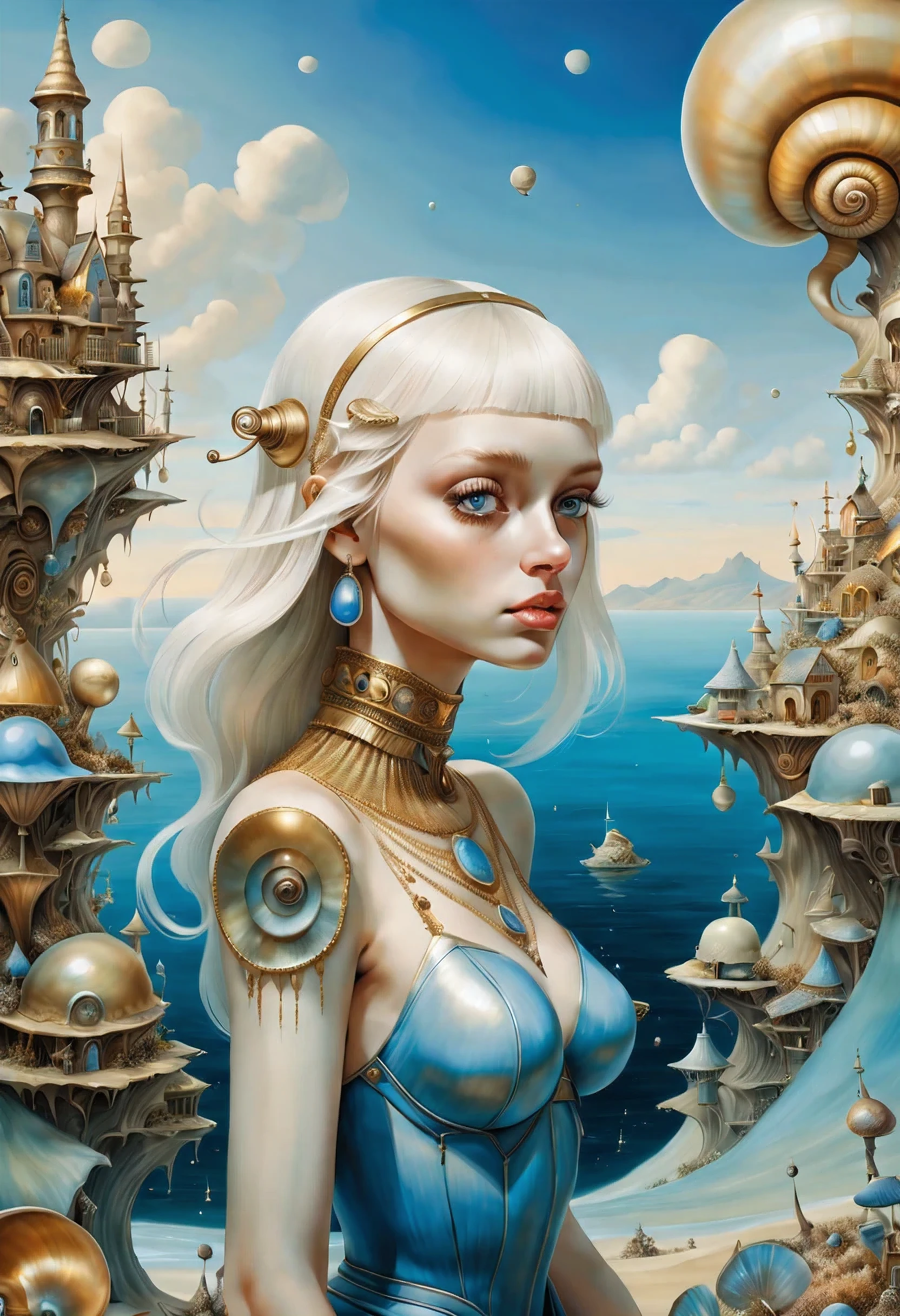 high quality, highly detailed, fantasy, At the forefront of this enchanting scene stands Abeautyful Girl in mother of Pearl gold and Blue Clothes.This surrealistic painting features SEA Shels and Snail Houses draped over various objects computer, spaceship, Salvador Dalis face, in a dreamlike landscape. Its distorted reality and unsettling beauty in the style of Leonardo Davinchi,Comic Book-Style 2d