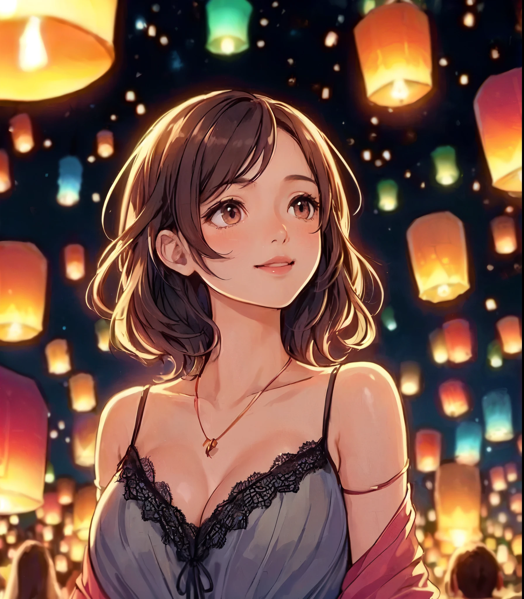 1lady solo, (looking up at the night sky:1.2), (stylish outfit), mature female, /(brown hair/) bangs, blush kind smile (eyes sparkling with fascination:1.1), (masterpiece best quality:1.2) delicate illustration ultra-detailed, large breasts BREAK (floating lanterns:1.2) glowing, (night sky filled with countless lanternREAK (Kom Loy festival outdoors) Chiang Mai, (New Year's Day), crowded