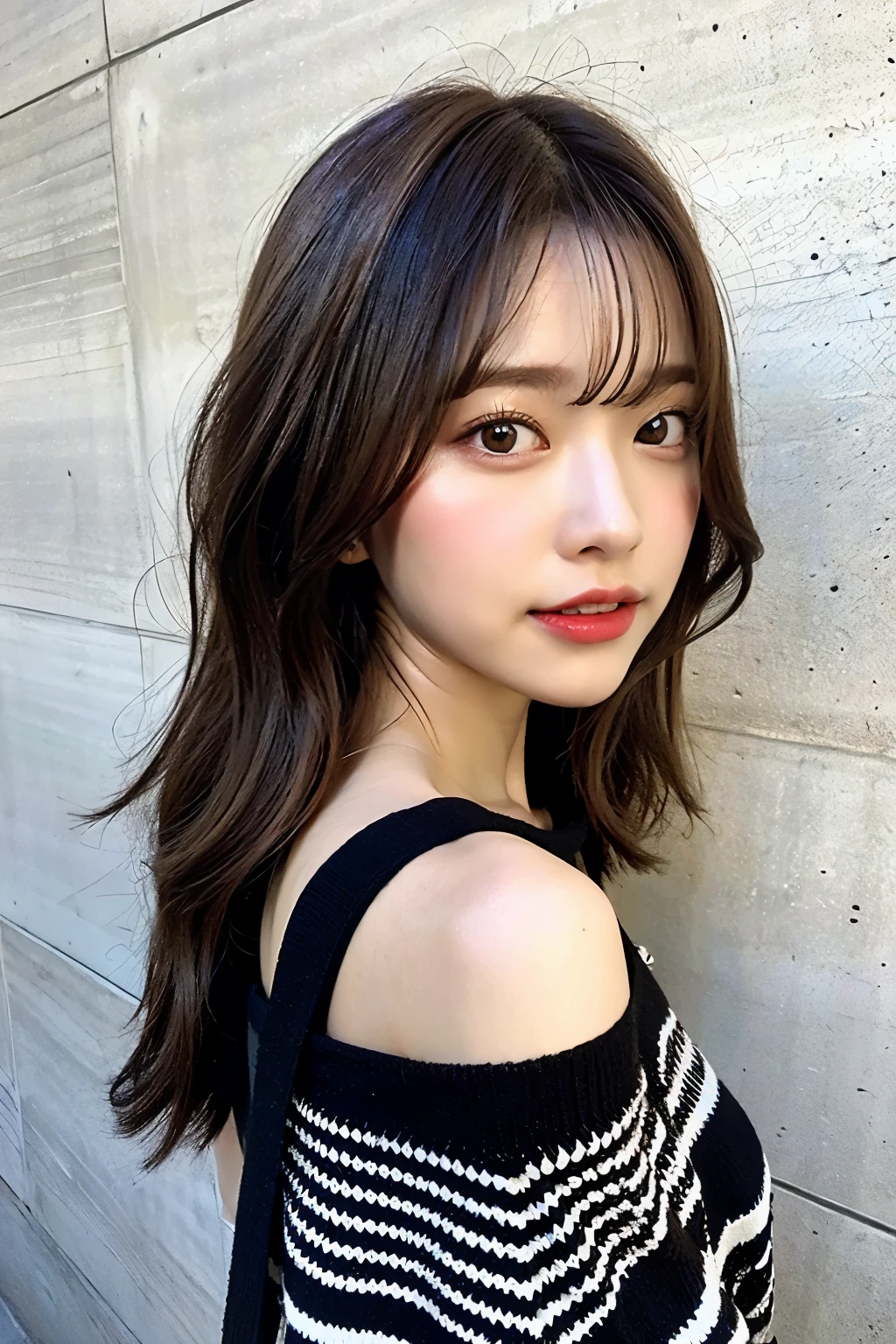 of the highest quality, 1 beautiful woman,, Concrete background、Tile background、Black knitwear、tile wall,From below、striped brown hair color、mesh hairstyle、Highlight Hair Color、striped highlighted hair