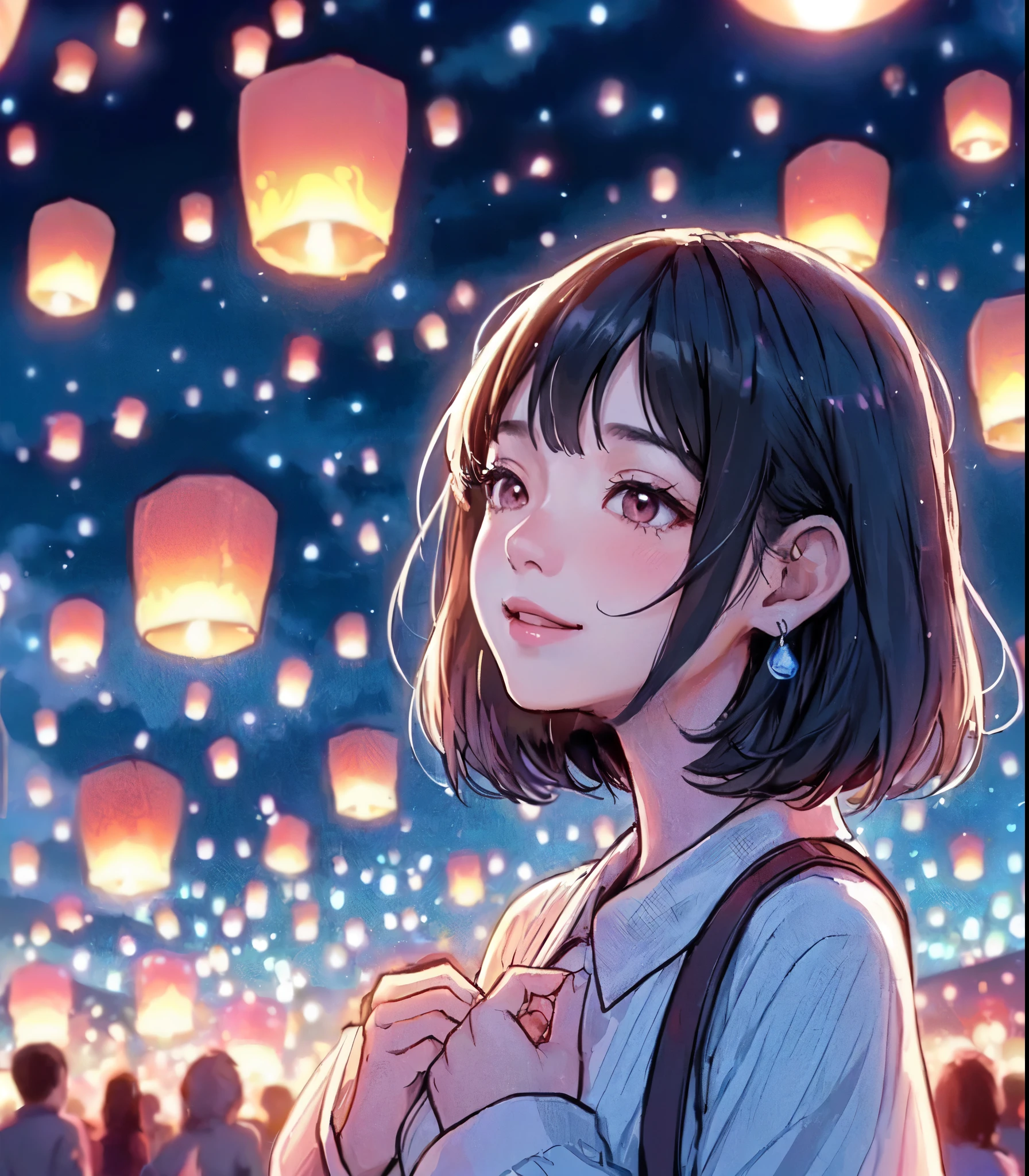 1lady solo, (looking up at the night sky:1.2), (stylish outfit), mature female, /(dark brown hair/) bangs, blush kind smile (eyes sparkling with fascination:1.1), (masterpiece best quality:1.2) delicate illustration ultra-detailed, large breasts BREAK (floating lanterns:1.2) glowing, (night sky filled with countless lanternREAK (Kom Loy festival outdoors) Chiang Mai, (New Year's Day), crowded
