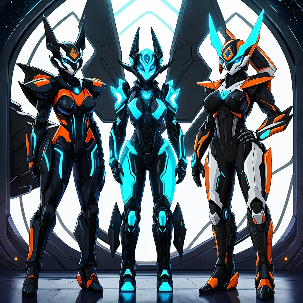 3 young women, (((muita roupa))), corpo inteiro, from head to toes, standingn, Feminino, (((Pele Escura))), Cabelo preto com Rabo de cavalo, Olhos Azuis-Claros, Round Glasses with a Lightly Dark Lens with this Lens being Orange, and the Light Blue frame, ((Black Metallic Gauntlets and Greaves with Orange and Silver Highlights)), (((As Roupas tem uma Mistura de Moderno e Tribal))), tendo em sua Maioria a Cor Preta, mas tendo Partes em Laranja, Shoulders on Display, On the Hip, a Short that extends to Half the Thigh in black.
(((em linhas douradas hiper realistas e detalhadas plugsuit sci-fi iluminado por neon armadura mecha branca, Ethereal Aesthetic Style))) mulher morena da beleza com cabelo de cavalinha realista, intrincado rosto de beleza perfeita, olhos afiados detalhados, Rosto detalhado, (((From face to waist))), (((Forma de beleza))), master part, 4k, UHD