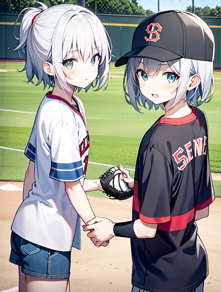 baseball field　****************　pitcher　Short Hair Silver Hair　　kawaii faces　Anime Drawing　Baseball Cap