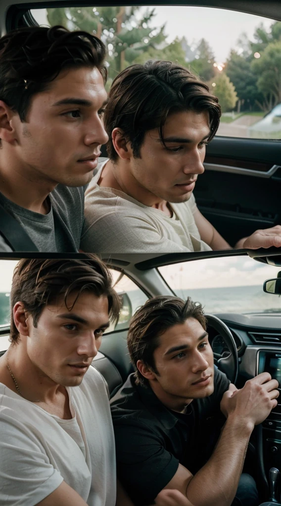 To create an ultra-realistic single Photograph of most handsome (((two men))) in their (((20s )))having a romantic moment in a car, focus on conveying their intimacy, the dynamics of their relationship, and the setting around them.