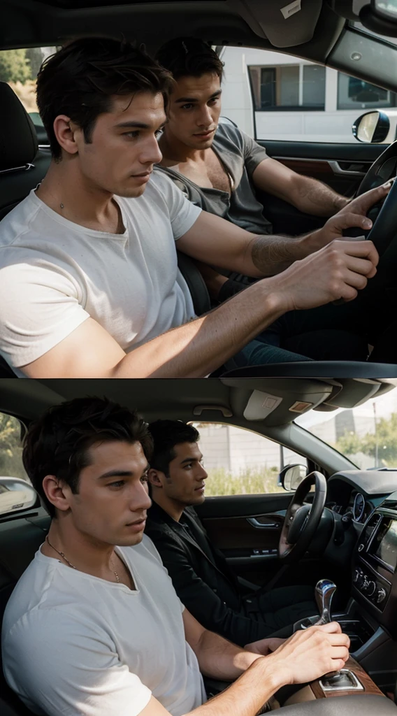 To create an ultra-realistic single Photograph of most handsome (((two men))) in their (((20s )))having a romantic moment in a car, focus on conveying their intimacy, the dynamics of their relationship, and the setting around them.