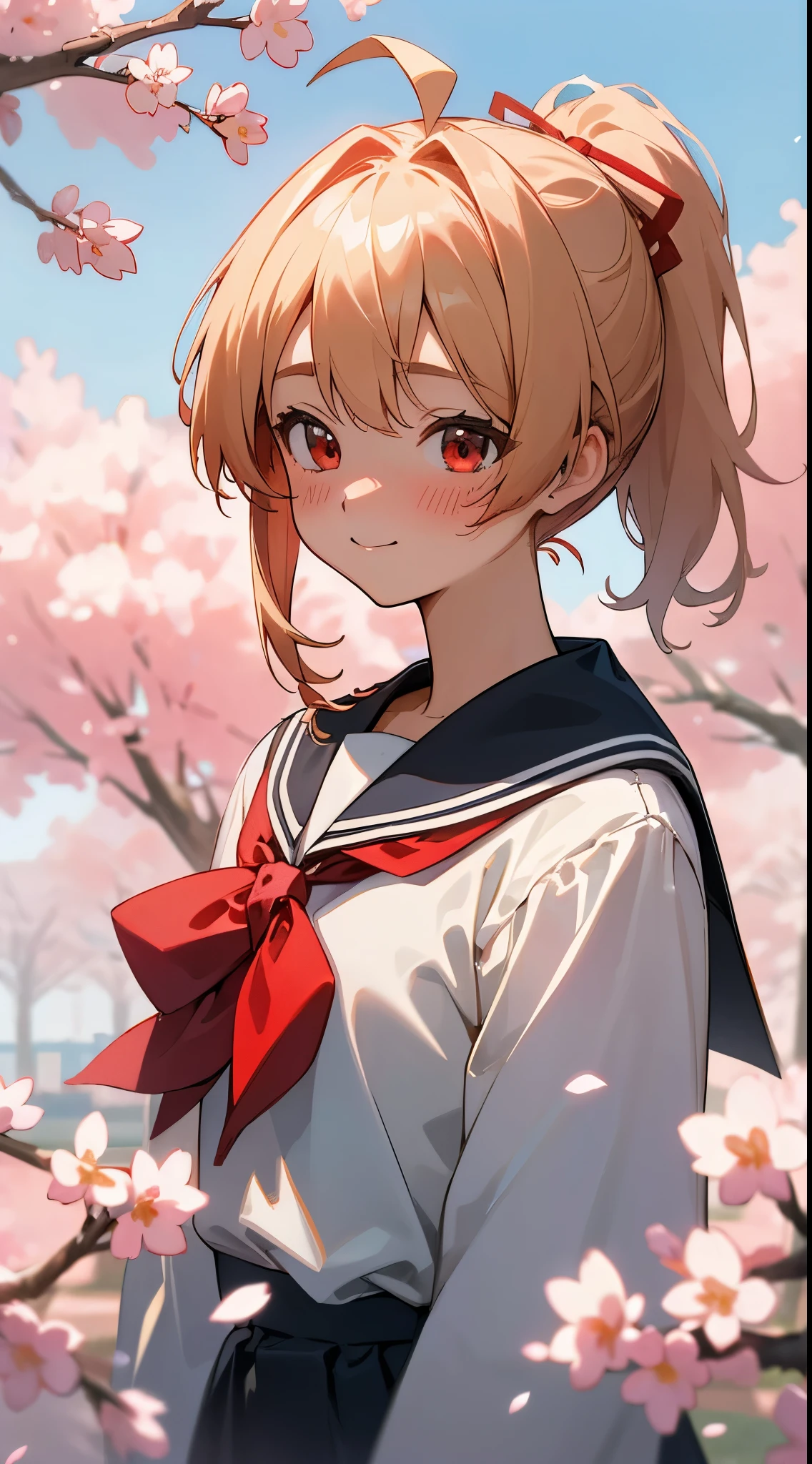 (masterpiece、realisitic、超A high resolution、hightquality:1.2)、
1girl in、(年轻)、 Blonde ponytail、Red ribbons、Ahoge、big round red eyes、small tits、red blush、Red cheeks、
portlate、old photo、80s style、dynamicposes、upper body close - up、A smile、Sailor School Uniform、cherry blossoms falling、a park、blue-sky