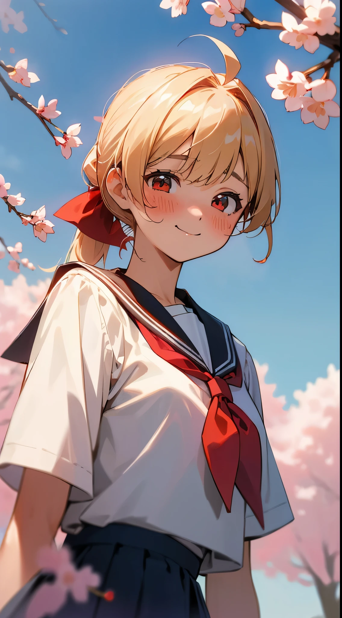 (​masterpiece、realisitic、超A high resolution、hightquality:1.2)、
1girl in、(年轻)、 Blonde ponytail、Red ribbons、Ahoge、big round red eyes、small tits、red blush、Red cheeks、
portlate、old photo、80s style、dynamicposes、upper body close - up、A smile、Sailor School Uniform、cherry blossoms falling、a park、blue-sky