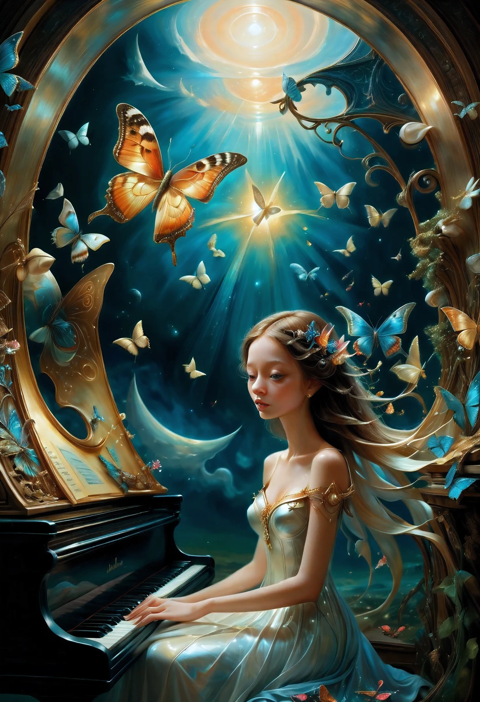 high quality, highly detailed, fantasy, At the forefront of this enchanting scene stands A Gorgeous Girl, a Mother of Pearl Loingcloth .This surrealistic painting features(( Butterflys )) and Piano Keypords over various objects computer, spaceship, Salvador Dalis face, in a dreamlike landscape. Its distorted reality and unsettling beauty in the style of Leonardo Davinchi,