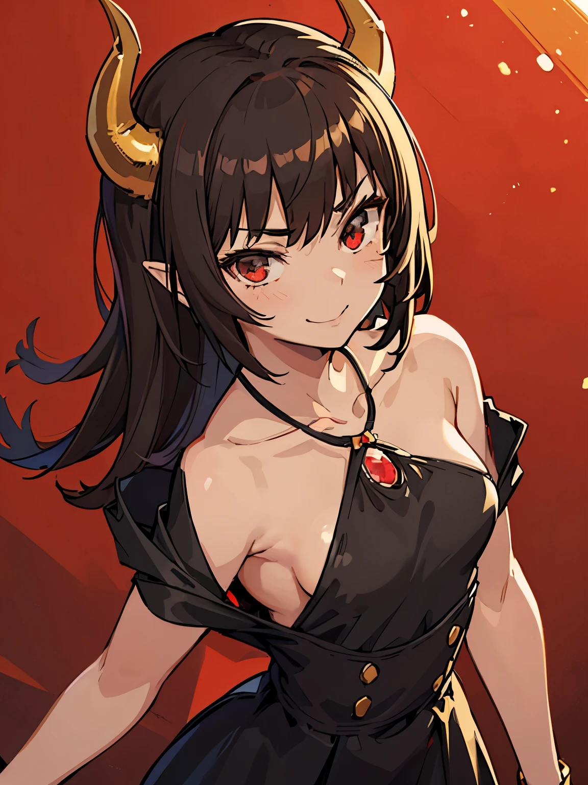 1girl, moe, cute face, short & slim (160cm), B cup ???????, light skin tone, dark brown hair, hair glimmers red in sunlight, black eye color which glimmers red, wearing small red gem necklace, wearing small golden/red, horns above ears, wearing black victorian dress, smirking, similar to shinobu monogatari