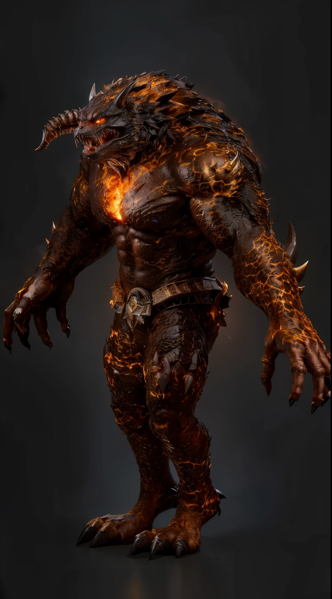 (masterpiece),(best quality:1.0),(ultra high resolution:1.0),monster, werewolf, lava skin , pair of horns, claws, fangs, menacing look, wolfteam, 8k wallpaper, full body