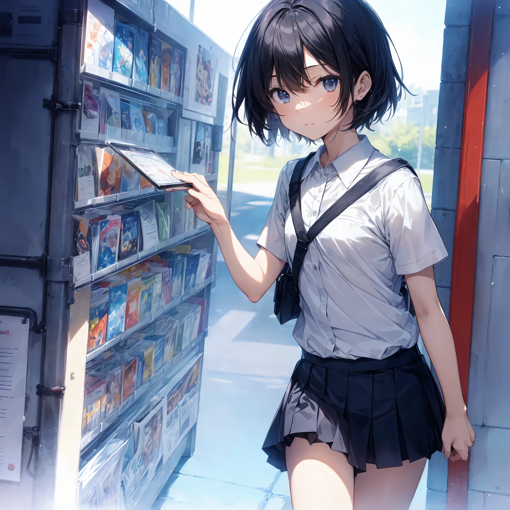 Super high quality by the art god, Ultra-detailed, High resolution, Shinkai Makoto style, anime moe art style, best anime 8K konachan wallpaper, Pixiv Contest Winner, Perfect Anatomy, BREAK,(Please draw a sleepy girl going to school alone.. ),BREAK, a hyperrealistic schoolgirl, (Solo,Lori,child,13years:1.3),Full limbs, complete fingers,a junior high school student, Androgynous attraction, (extra very short hair), hair messy, flat and soft chest, Small butt, groin, Small eyes,Beautiful detailed black eyes, Well-proportioned iris and pupils, disgusted eye, High resolution detailed hair, School uniform, Skirt,  On the way to school. BREAK,Ultra-detailed細なスキン, Best lighting by famous artists, 8K, Illustration,